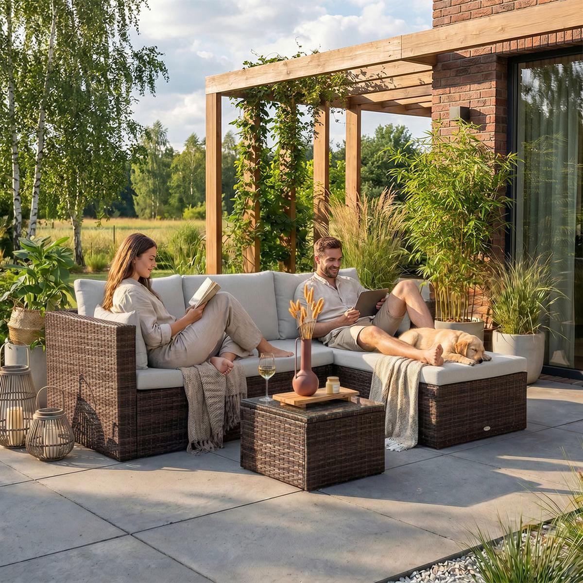 GARTENSET Sevilla, aus Technorattan, Ecksofa mit Couchtisch, Braun - Braun, Kunststoff - Beautysofa