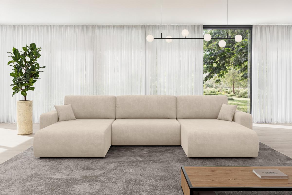 WOHNLANDSCHAFT mit Schlaffunktion und Bettkasten BERY-U 377x193x88 Beige Velours - Schwarz/Sahara, Holzwerkstoff/Kunststoff (377/88/193cm) - ALTDECOR