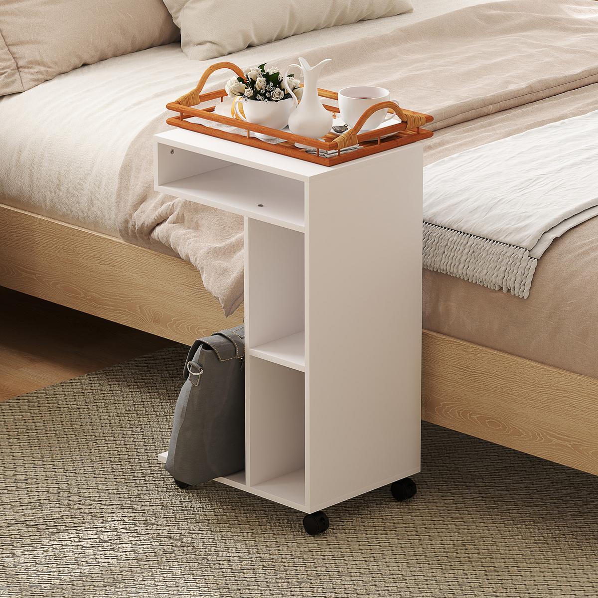 BEISTELLTISCH Couchtisch mit Rollen, Schreibtisch mit 4 Regalen, Sofatisch Weiß - Weiß, Holzwerkstoff (40/30/69cm) - HOMCOM