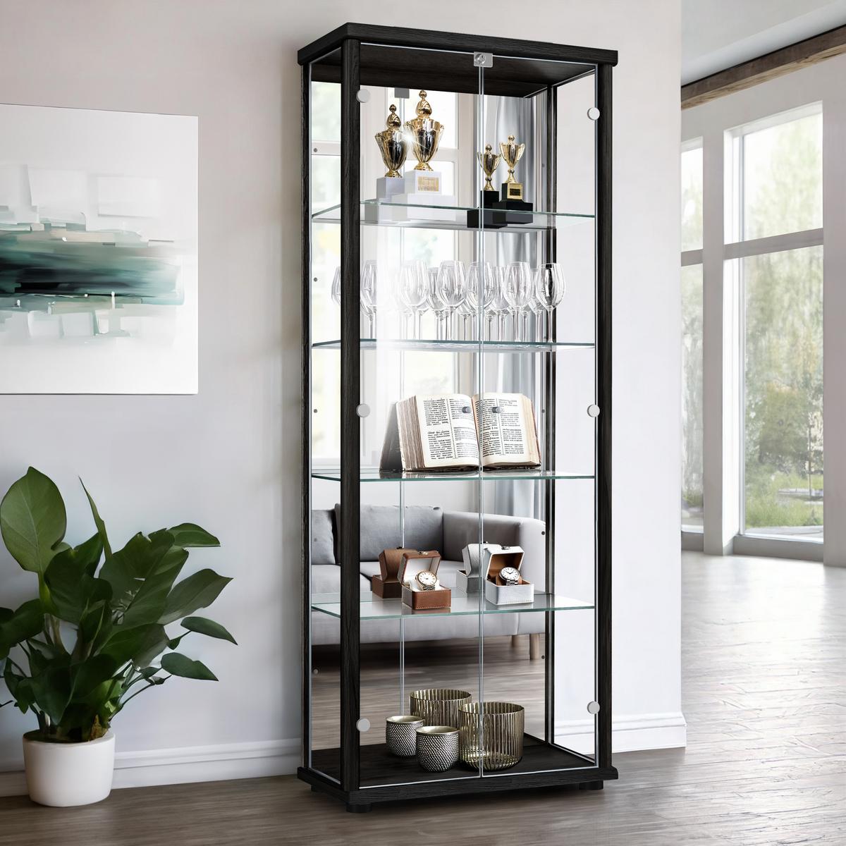 VITRINE 33/67/176 cm mit Spiegel, LED, Schloss & 4 höhenverstellbaren Glasböden - Transparent/Silberfarben, Glas/Holzwerkstoff (67/176/33cm) - K-Möbel