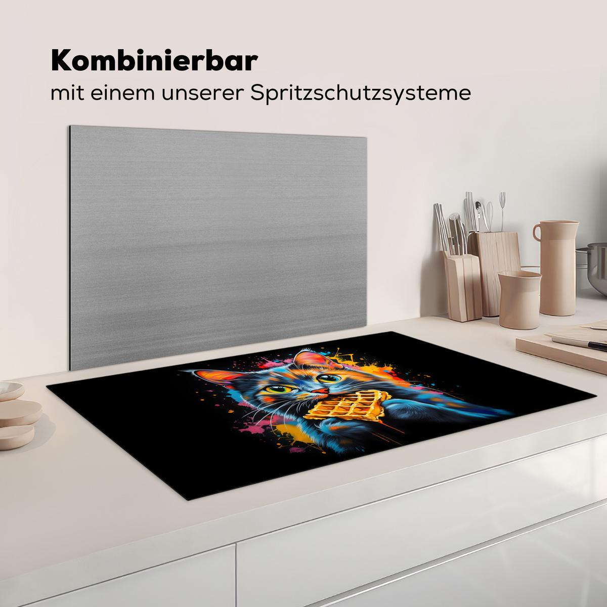 HERDABDECKPLATTE Katze - Graffiti - Bunt - Waffel - Essen Ceranfeldabdeckung 90x52 cm - Multicolor, Kunststoff (90/52/0.2cm) - MuchoWow