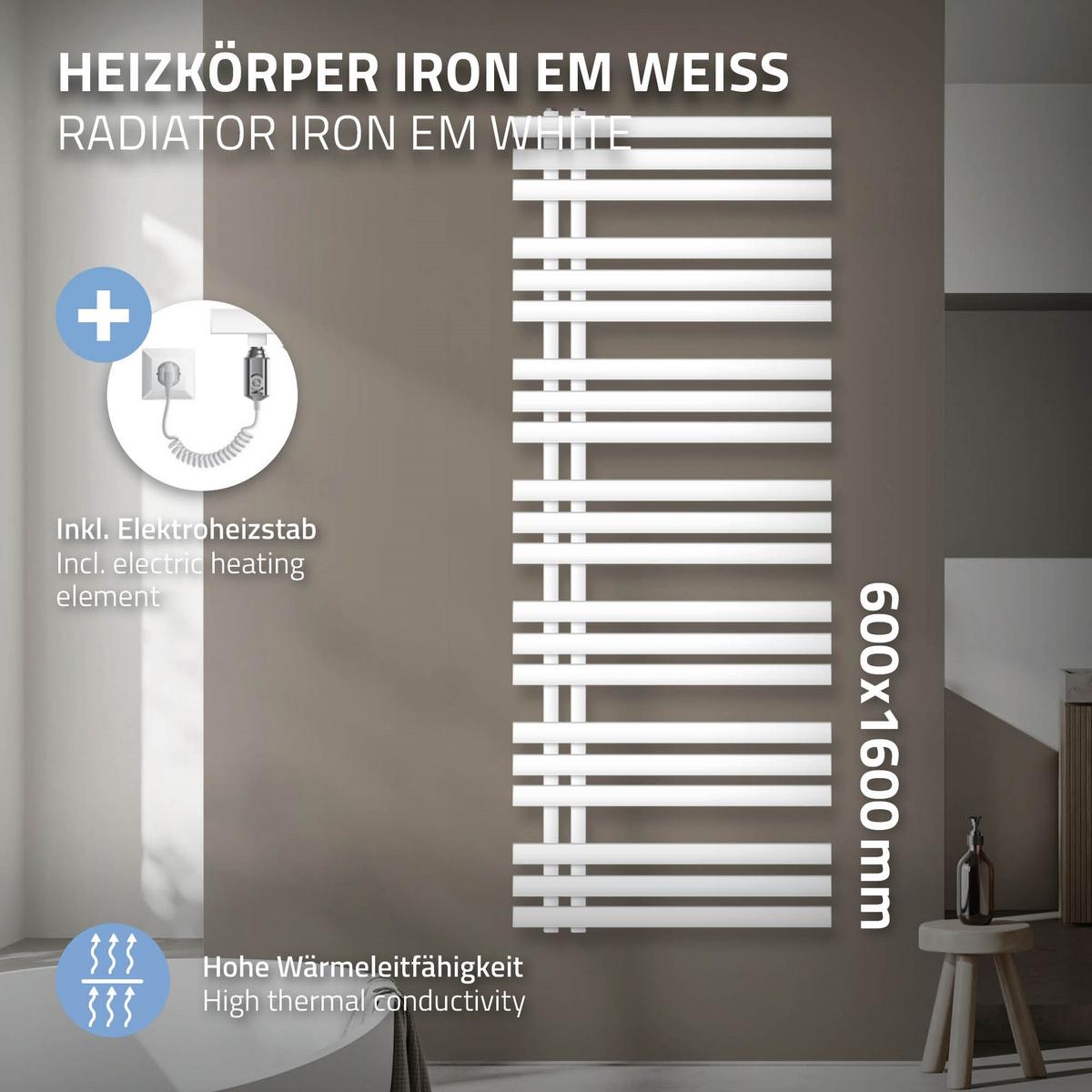 BADHEIZKÖRPER elektrisch Iron EM 600x1600 mm Weiß mit Heizstab 1200W - Weiß, Metall (60/160/3cm) - LuxeBath