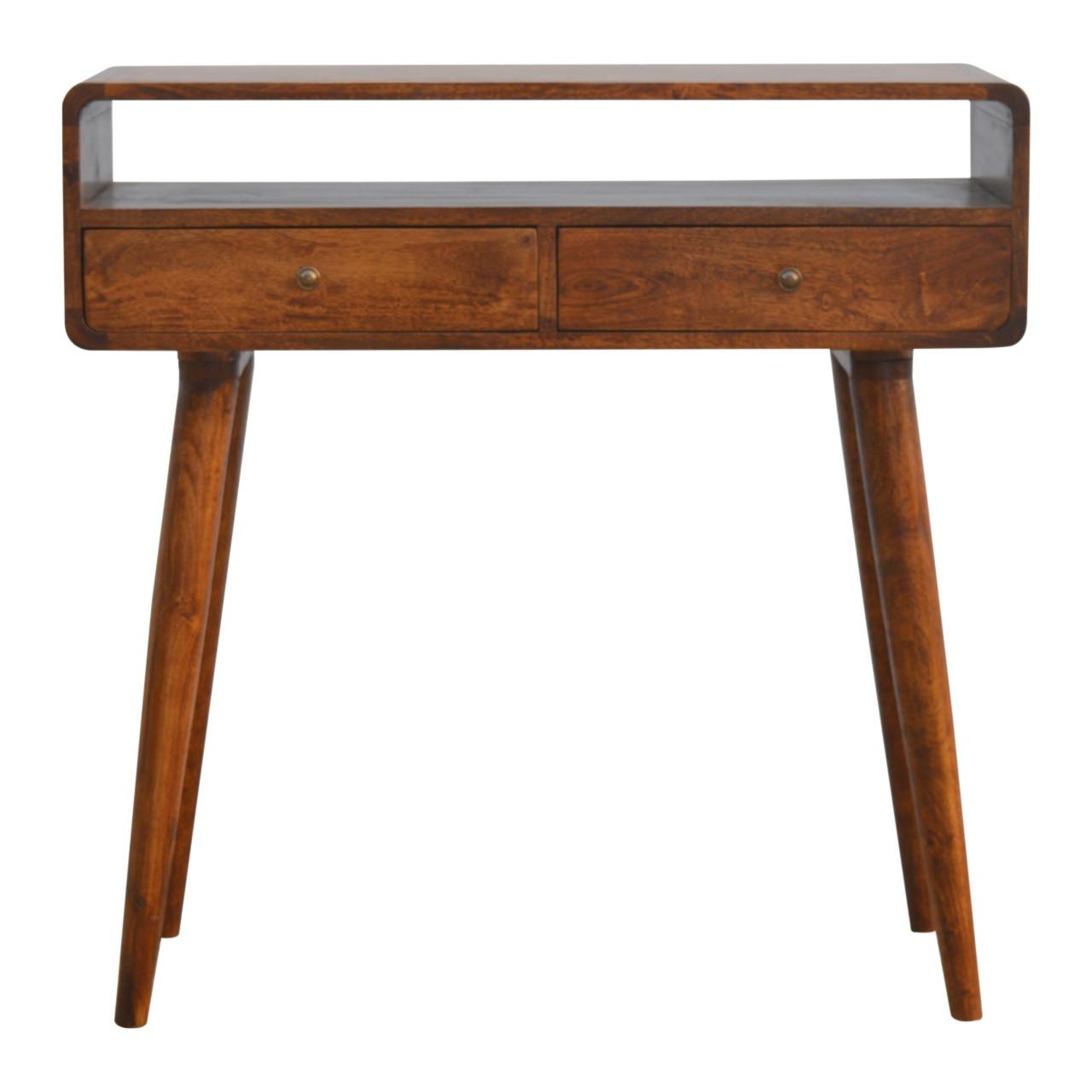 GEKRÜMMTES KONSOLENTISCH im Kastanienholz-Finish, 2 Schubladen, 1 Offenes Fach, Beine im Nordischen Stil, Braun - Messingfarben/Braun, Holz/Metall (35/90/90cm) - Artisan Furniture