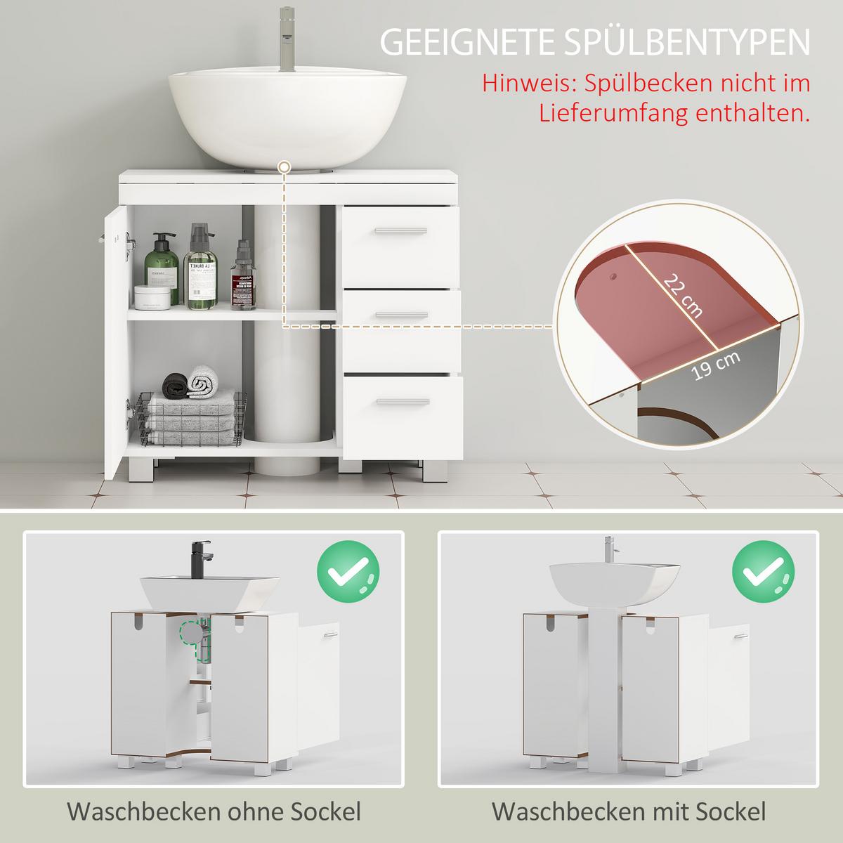 WASCHBECKENUNTERSCHRANK MDF Weiß - Silberfarben/Weiß, Holzwerkstoff/Kunststoff (30/64/70cm) - HOMCOM