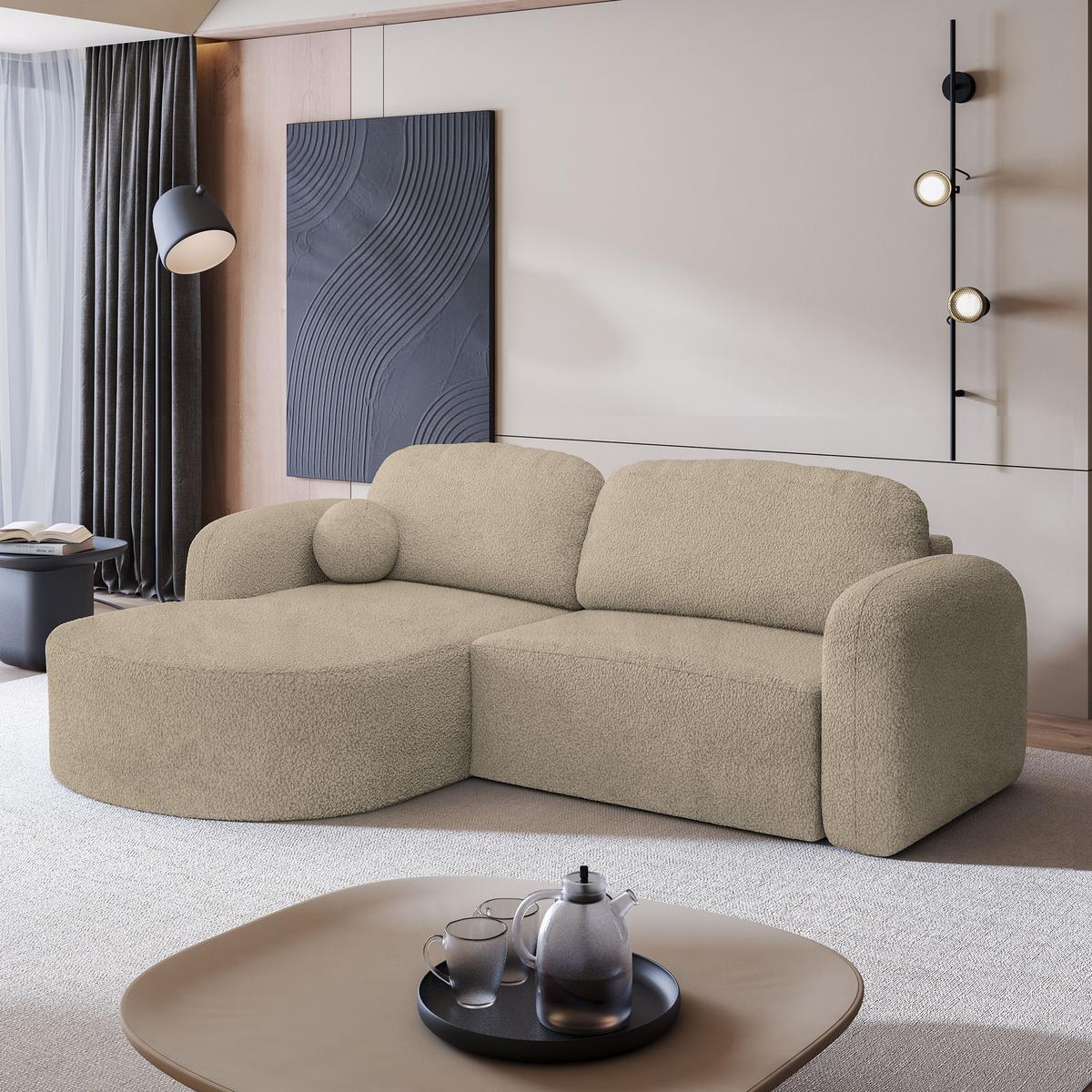 ECKSOFA AMILIA L-S Beige Boucle-Stoff mit Schlaffunktion - Beige, Holz (263/174cm) - MASSENO