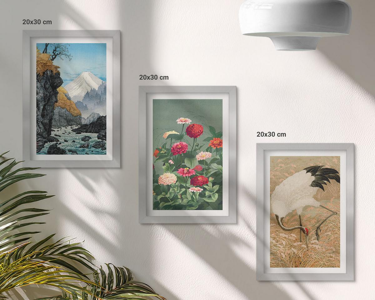 BILDER SET 3er Set - 20x30 cm Silberner Rahmen - Berglandschaft, Fluss, Blumen, Kraniche - Silberfarben, Kunststoff (20/30cm) - TULUP