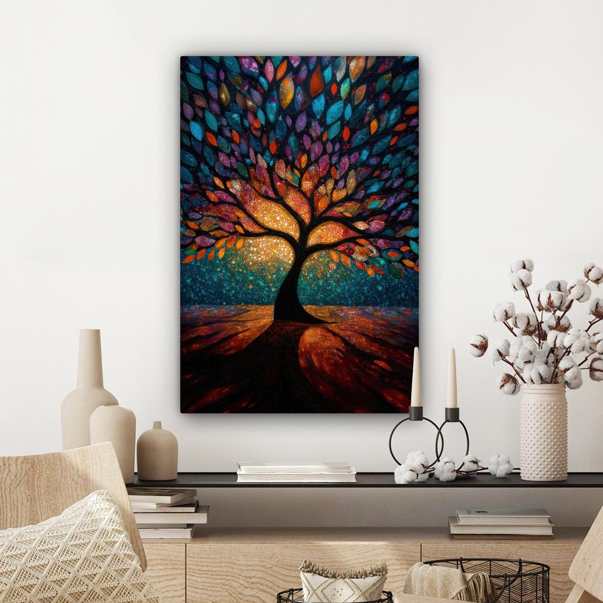 LEINWANDBILD Mosaik - Bunt - Baum - Äste Wanddeko Schlafzimmer 60x90 cm - Multicolor, Textil (60/90cm) - MuchoWow