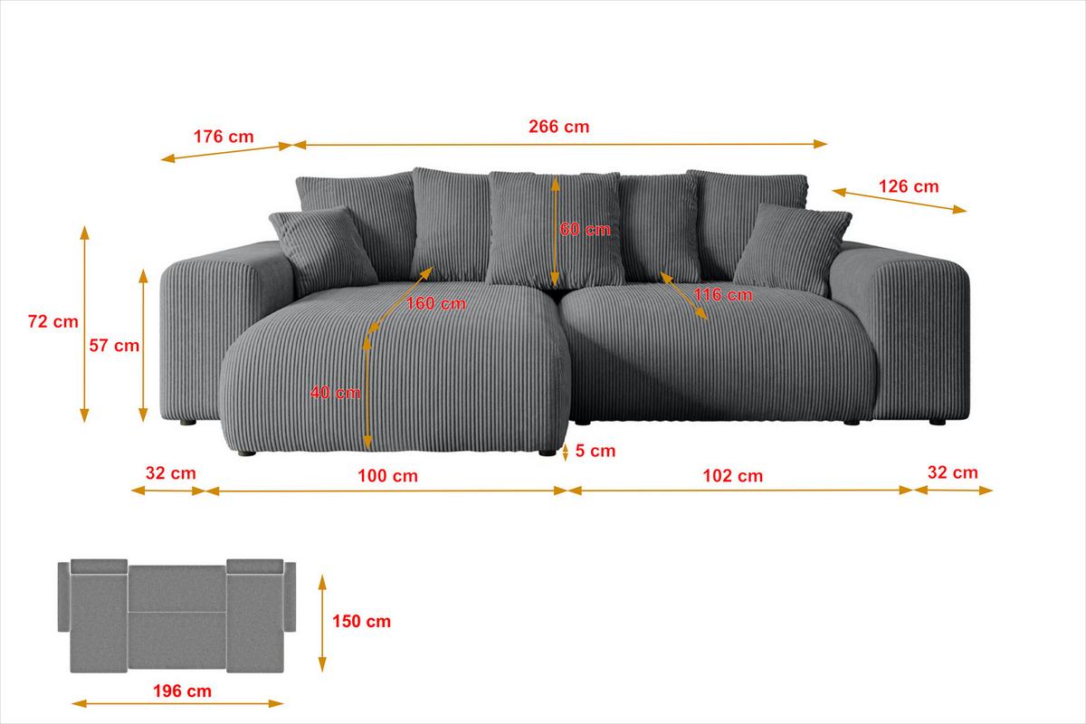 ECKSOFA Ottomane rechts ESKAR-L 266x176x72 Dunkelgrau Cord - Dunkelgrau/Schwarz, Holzwerkstoff/Kunststoff (176/266cm) - ALTDECOR