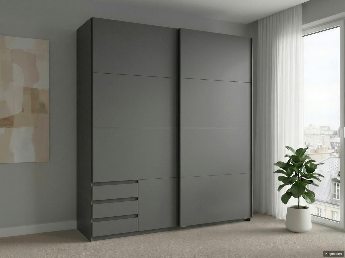 SCHWEBETÜRENSCHRANK 2-türig B179/H198/T65 cm, Kleiderschrank in Grafit mit sichtbaren Schubkästen / 22693 - Graphitfarben/Schwarz, Holz/Holzwerkstoff (179/198/65cm) - luma-home