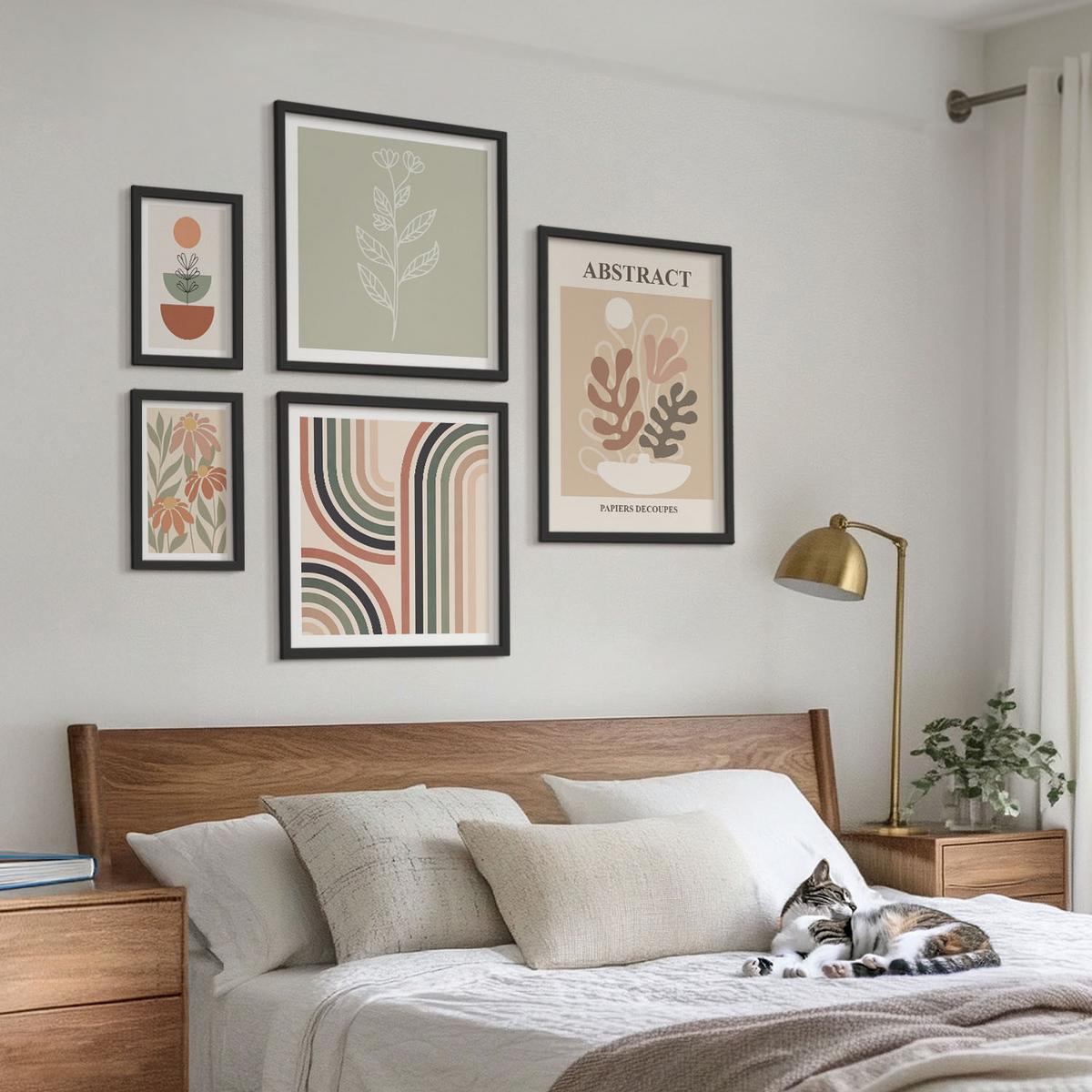 BILDER SET 5er Set - 50x50 cm & 20x30 cm & 40x60 cm Schwarzer Rahmen - Abstrakte Pastellpflanzen - Schwarz, Kunststoff (40/60cm) - TULUP