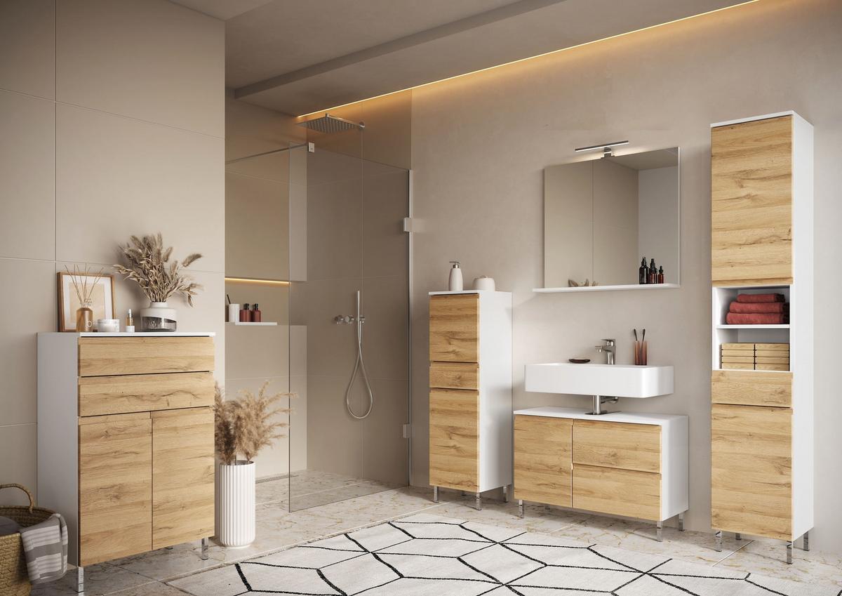 BADSCHRANK Weiß und Eiche Grandson 60x97x34 cm mit Schubladen, Chromfüßen und griffloser Front VEER - Braun, Holz/Metall (60/97/34cm) - KADIMA DESIGN