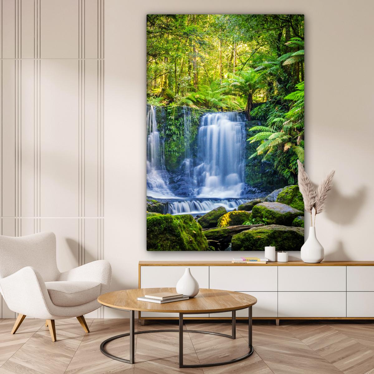 LEINWANDBILD Dschungel - Wasserfall - Australien - Pflanzen - Natur Deko Groß 90x140 cm - Dunkelgrün, Textil (90/140cm) - MuchoWow
