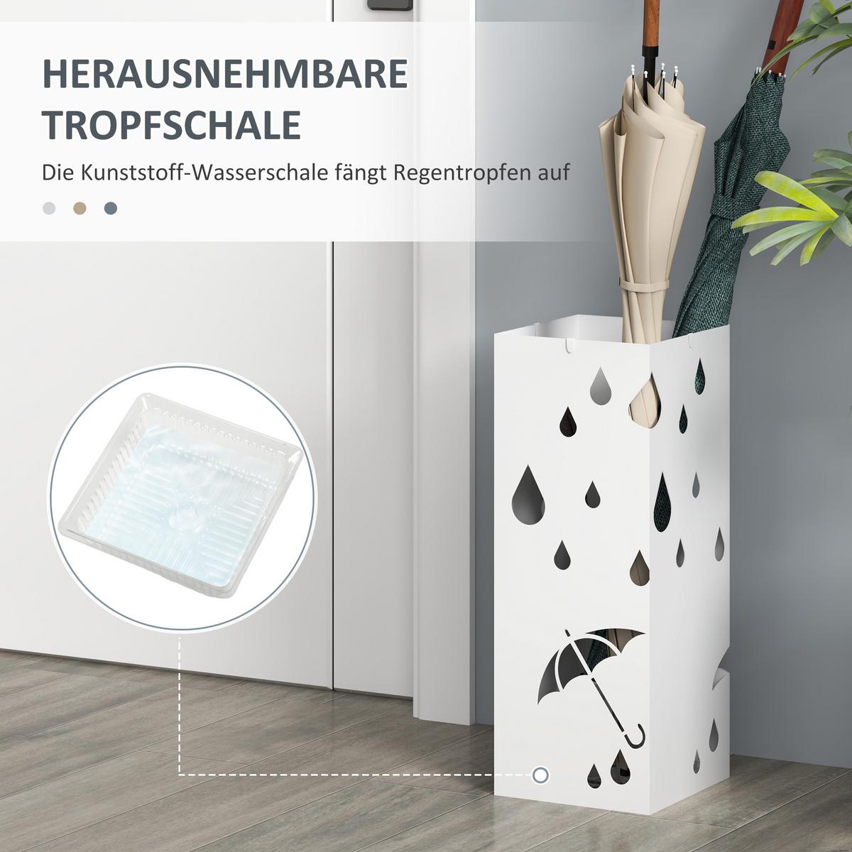 REGENSCHIRMSTÄNDER Schirmständer mit 4 Haken, Wasserauffangschale Stahl Weiß - Weiß, Metall (15.5/40/15.5cm) - HOMCOM