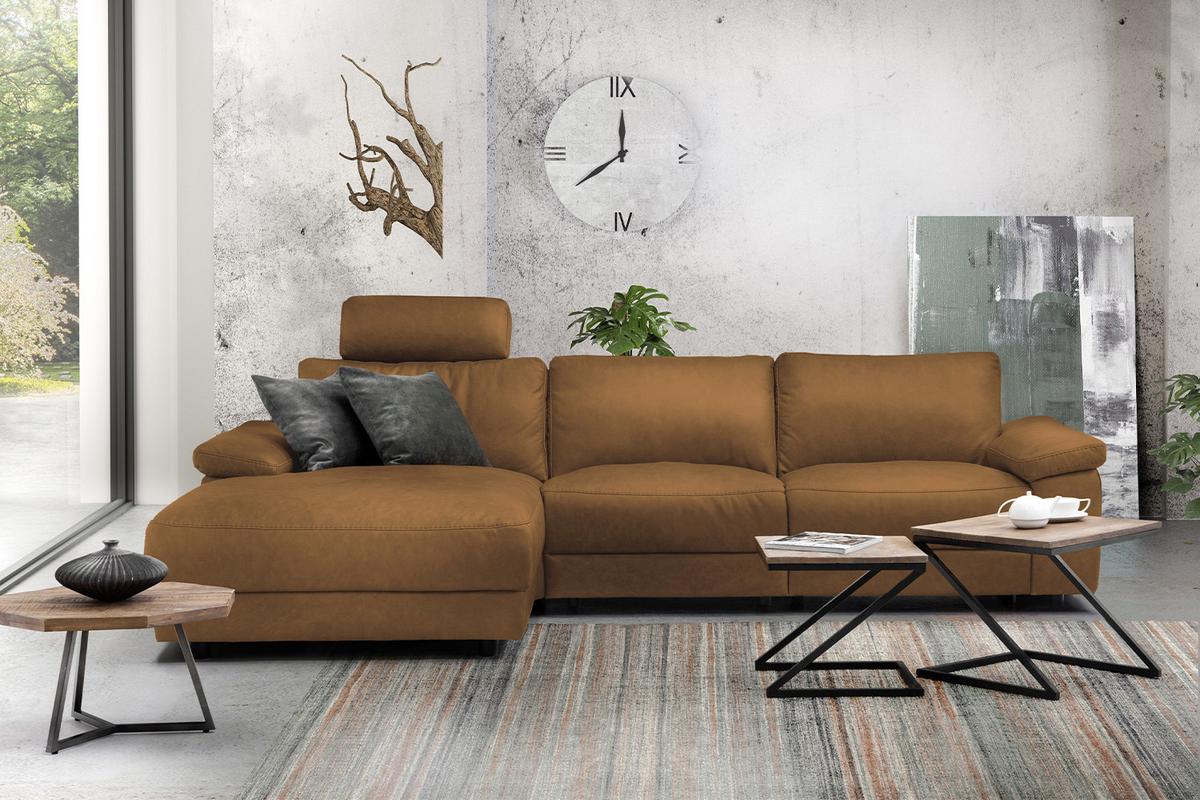 ECKSOFA XL MOTORISCHER RELAXFUNKTION LOLA Orange Leder Relaxfunktion - Cognac/Schwarz, Leder (304/178cm) - KAWOLA