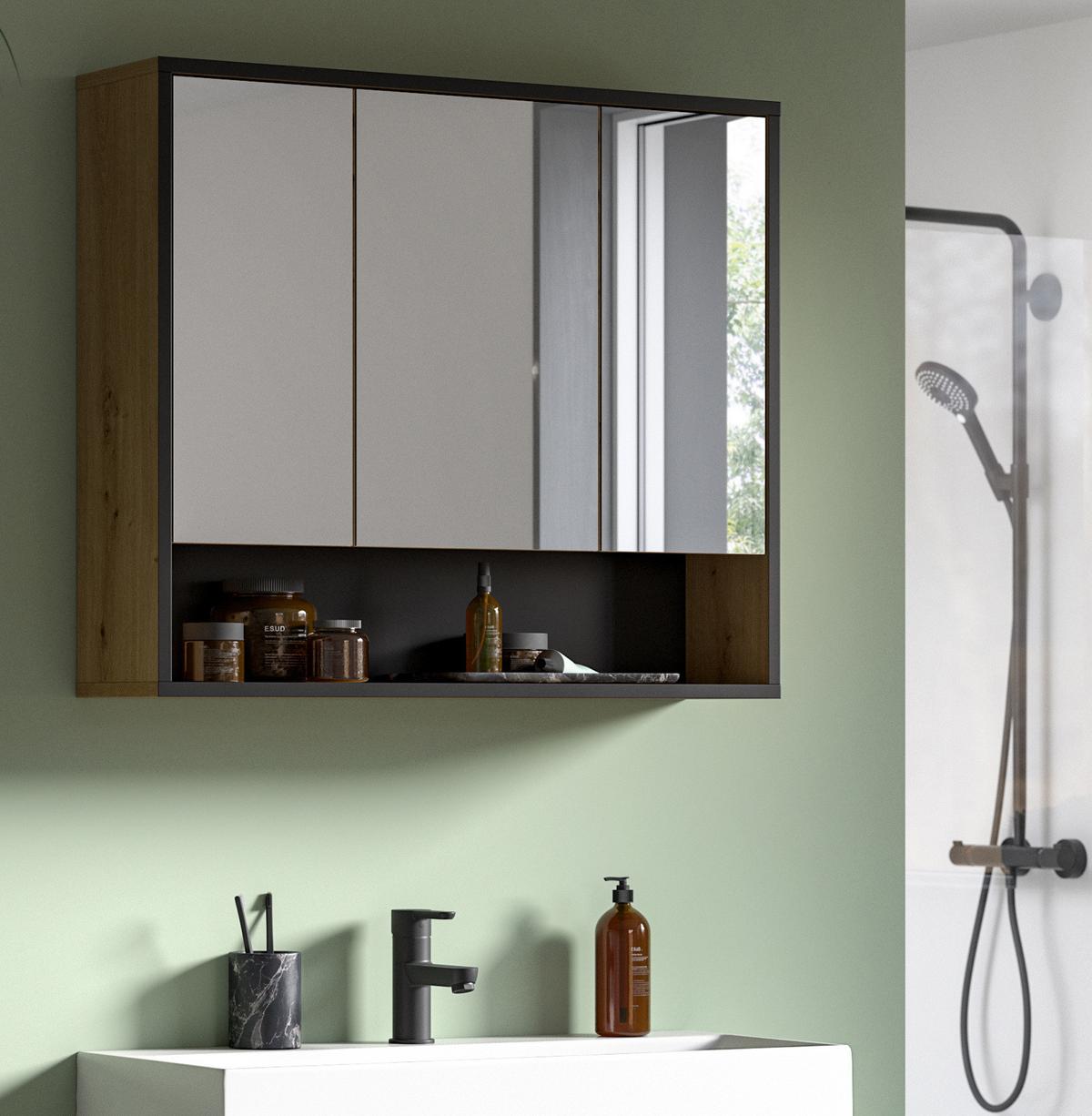 SPIEGELSCHRANK Eiche Artisan, schwarz 3-türig 80 cm, Badschrank mit Soft-Close - Eiche Artisan, Glas/Holzwerkstoff (80/68/19cm) - Inn.Furn