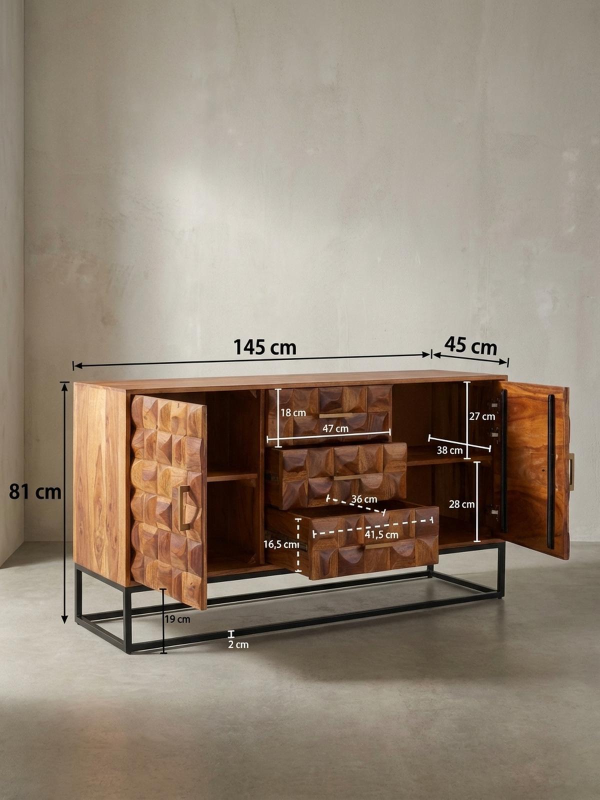 SIDEBOARD – Massivholz, 145x81x45 cm, Industrial-Stil, Metallgestell - Schwarz/Braun, Holz/Metall (145/81/45cm) - KADIMA DESIGN