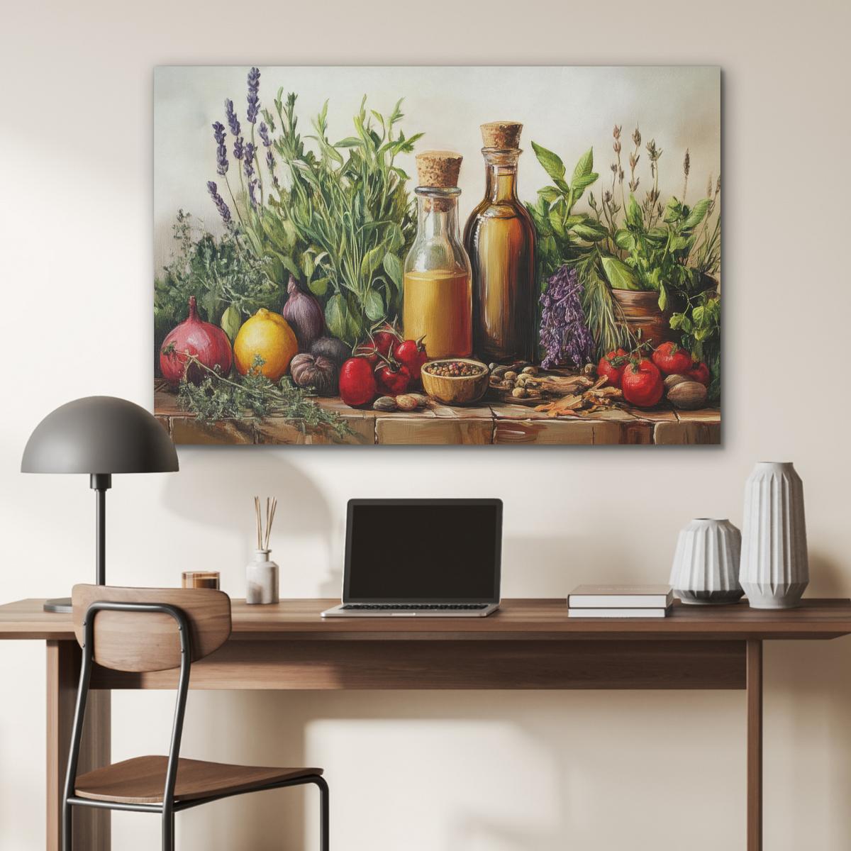 AKUSTIKBILD Stilleben - Kräuter - Gewürze - Früchte - Farbenfroh Wandbild Wohnzimmer 100x70 cm - Grün, Kunststoff (100/70/0.9cm) - MuchoWow