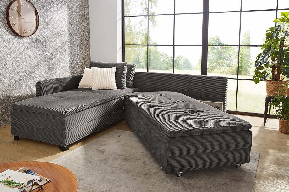 ECKSOFA-DAUERSCHLÄFER Doppelbett Boxspring Federkern Topper, seitenverkehrt montierbar B306/T223/H95 cm, Cord Dunkelgrau / 15163 - Dunkelgrau/Schwarz, Kunststoff/Textil (306/223cm) - luma-home