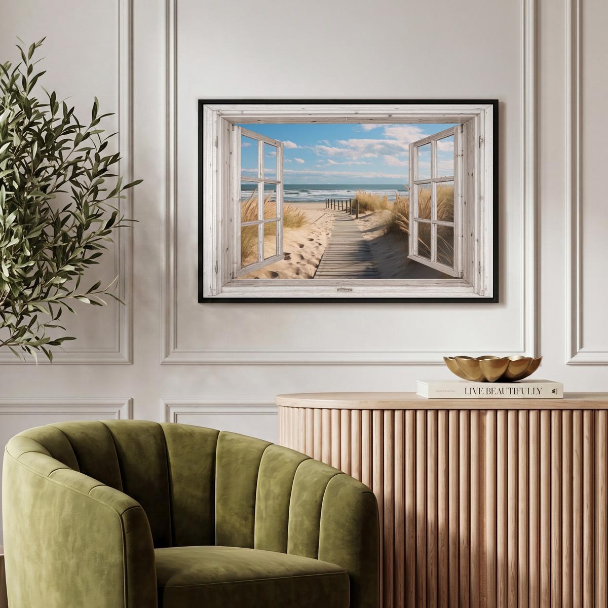 LEINWAND Bilder mit Rahmen - Fenster - Meer - Küste - Natur - Ausblick - Strand - Wattenmeer - 60x40 - Beige, Textil (60/40cm) - MuchoWow