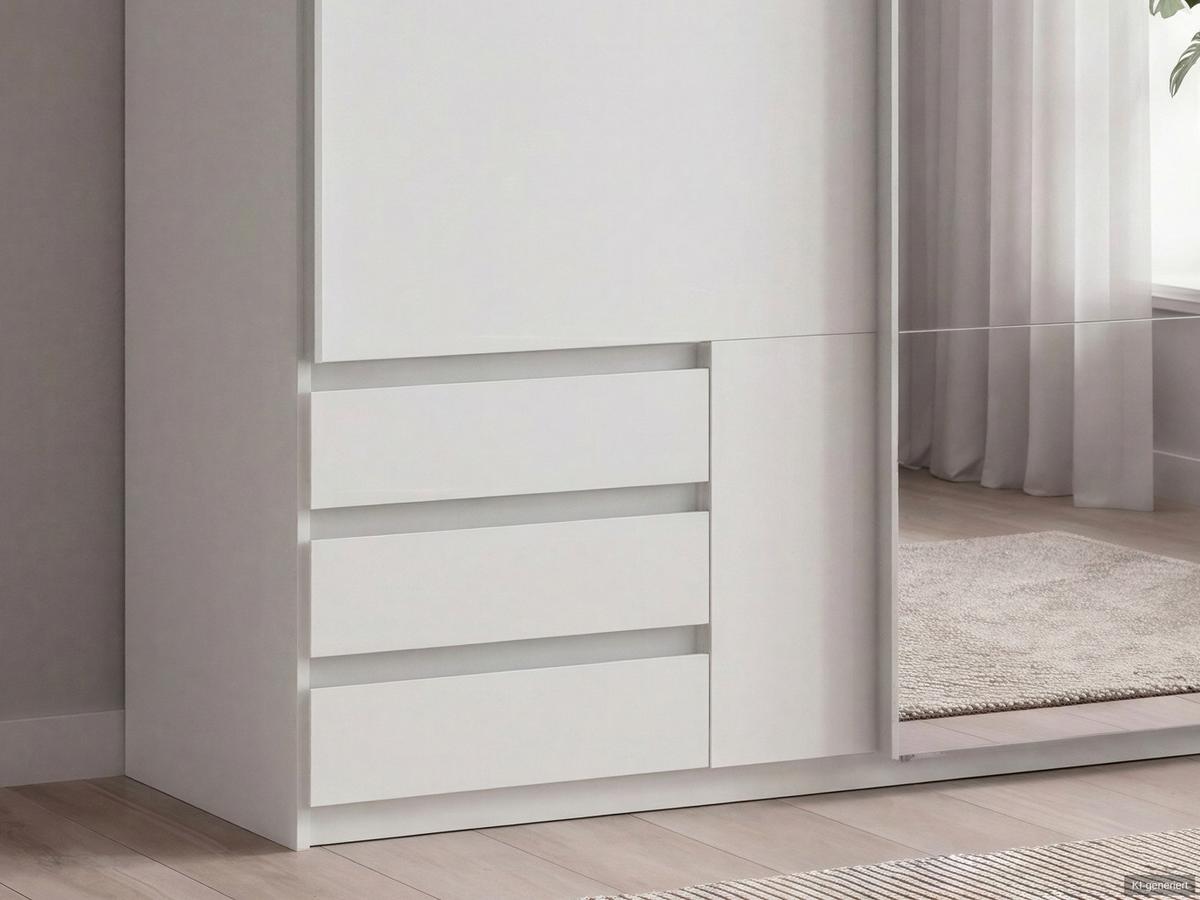 SCHWEBETÜRENSCHRANK 2-türig B135/H198/T65 cm, Kleiderschrank in Weiß mit sichtbaren Schubkästen & Spiegel / 22674 - Alufarben/Weiß, Holz/Holzwerkstoff (135/198/65cm) - luma-home