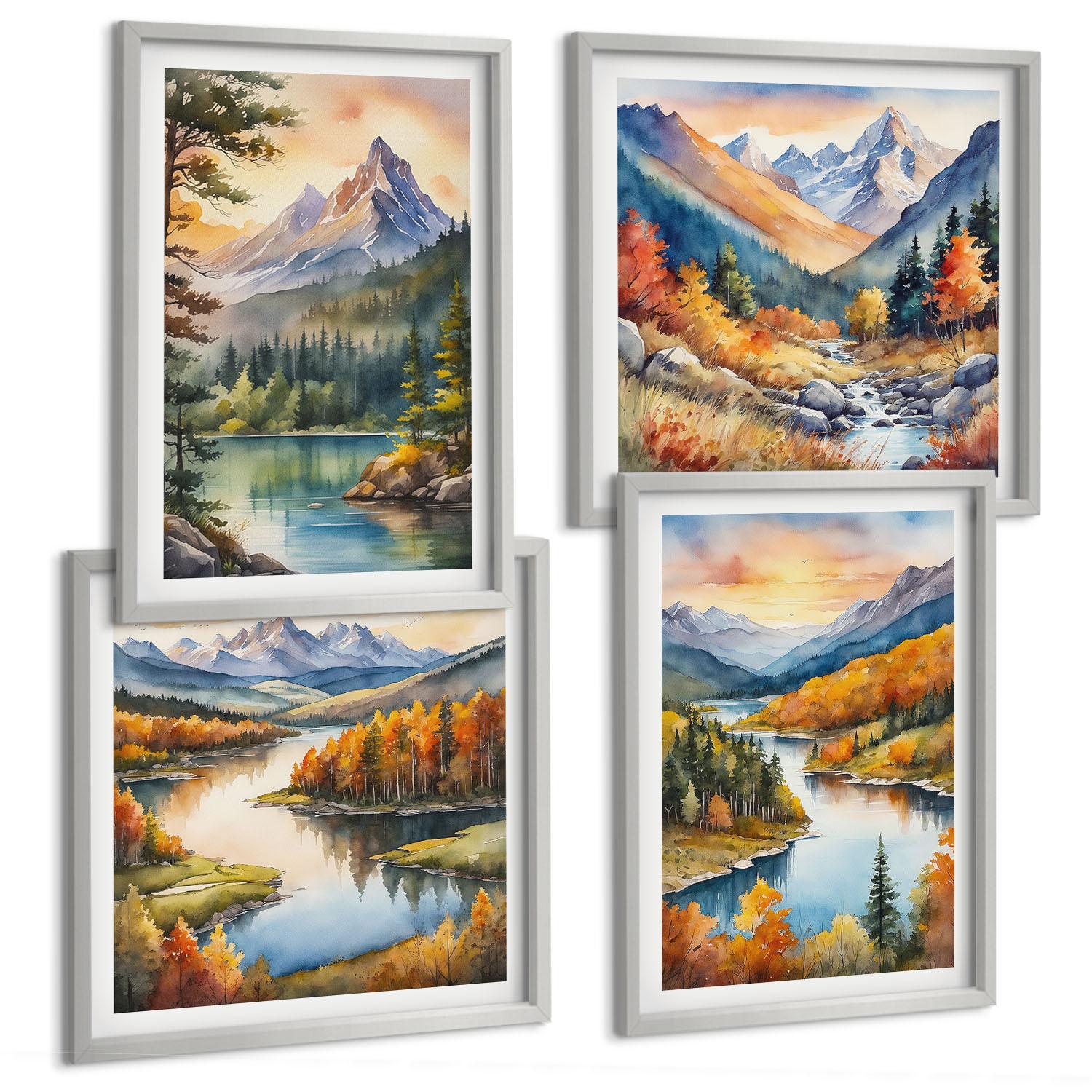 BILDER SET 4er Set - 50x50 cm & 40x60 cm Silberner Rahmen - Berglandschaften mit einem Fluss - Silberfarben, Kunststoff (50/50cm) - TULUP