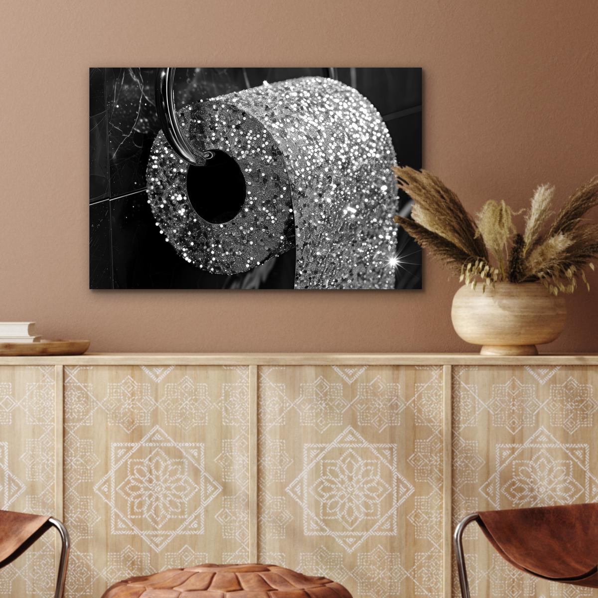 METALLBILD WC - Toilettenpapier - Schwarz und weiß - Glitter Wandbild 60x40 cm - Silberfarben, Metall (60/40cm) - MuchoWow