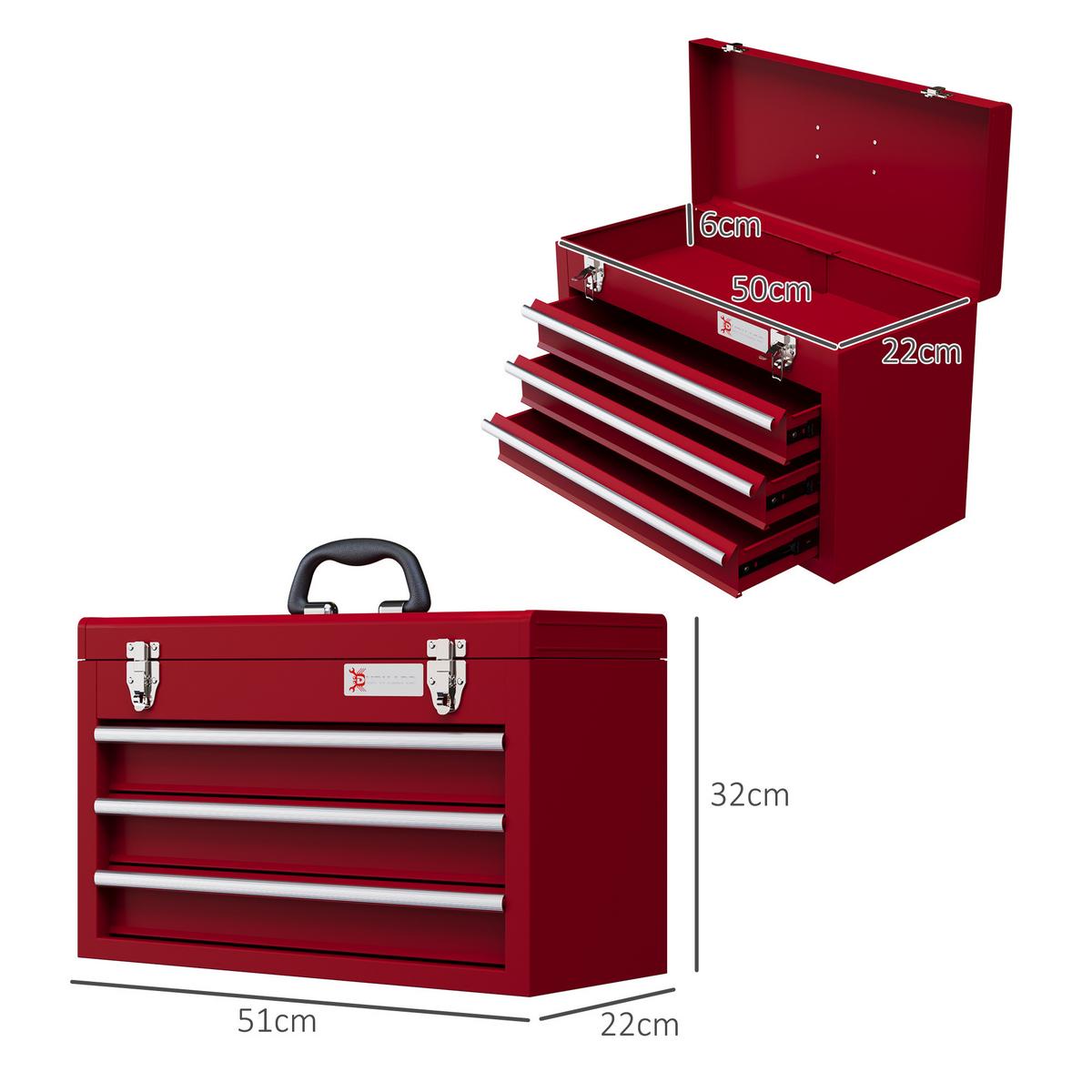 WERKZEUGKOFFER leer, 51 x 22 x 32 cm Werkzeugkasten mit 3 Schubladen Rot - Rot, Metall (22/32/51cm) - DURHAND