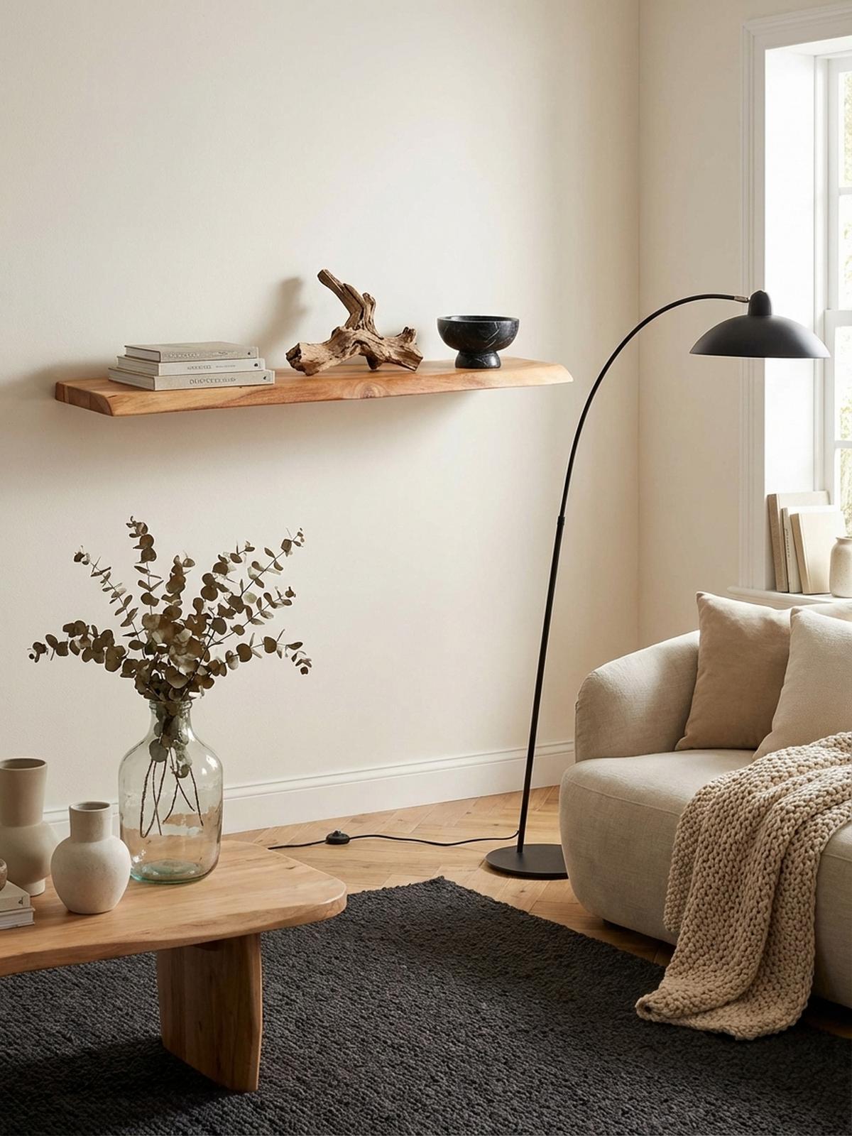 WANDREGAL Akazienholz Baumkante Rustikal, Beige 80x25x4 cm - Beige, Holz (80/4/25cm) - KADIMA DESIGN
