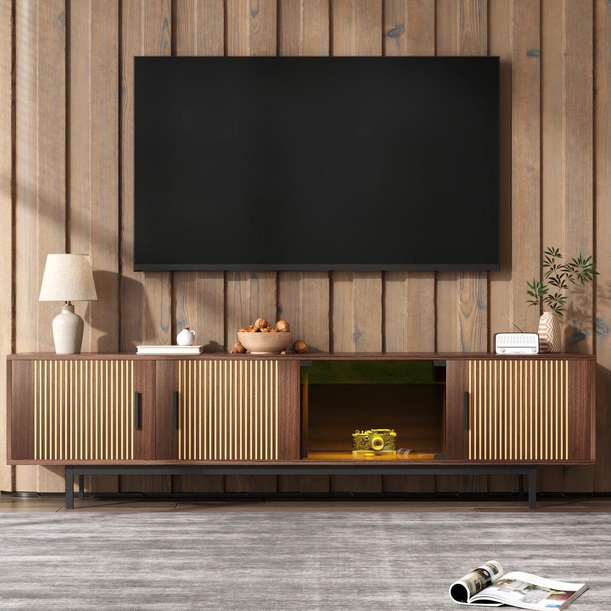 TV-LOWBOARD mit geschnitzter Textur, Glas-Tür & LED-Beleuchtung - Braun, Holz (35/53/200cm) - Urban Meuble