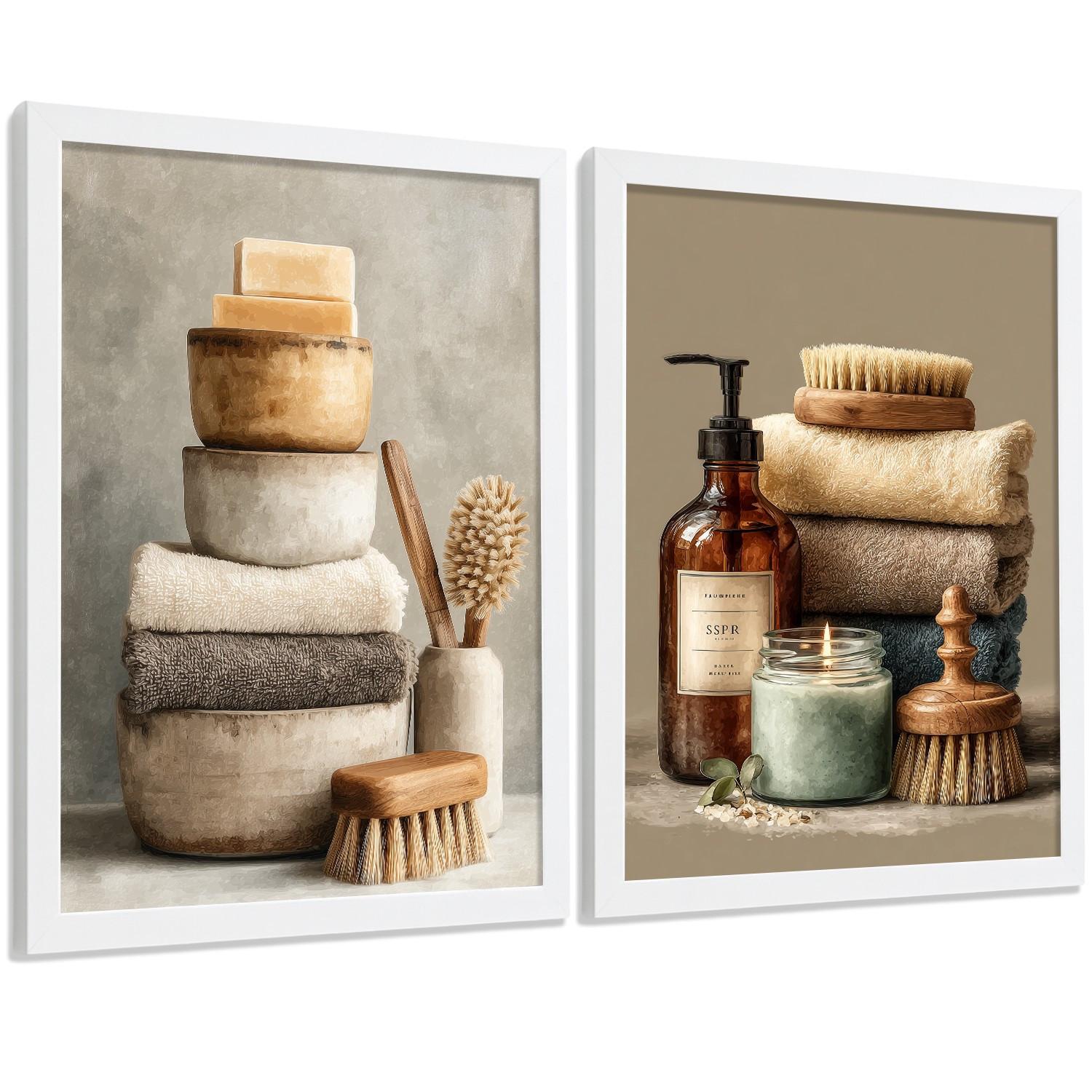 POSTER 2er-Set dekorative Badezimmer-Wandbilder und für Waschbecken, Dusche, WC mit Seifen, Handtüchern und Bürsten, Naturstil Weißer Rahmen A3 - Weiß, Papier (42/29.7/3cm) - Nacnic