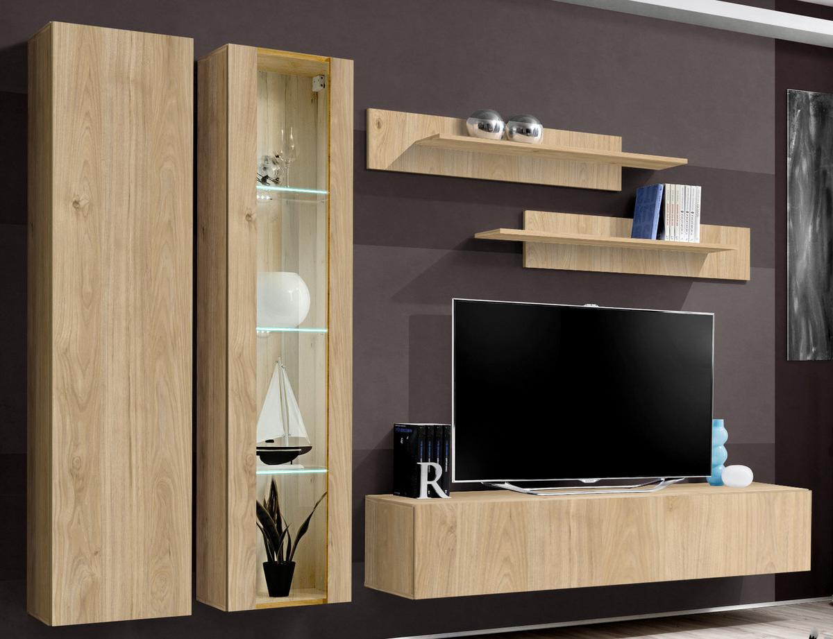 WOHNWAND Eiche Jackson 260 cm 5-teilig, Schrankwand hängend mit LED-Beleuchtung - Eichefarben, Glas/Holzwerkstoff (260/170/40cm) - Inn.Furn