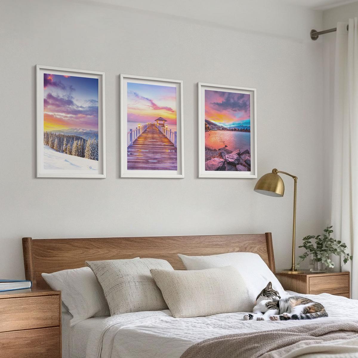 BILDER SET 3er Set - 40x60 cm Weißer Rahmen - Winterliche Bergseelandschaft - Weiß, Kunststoff (40/60cm) - TULUP