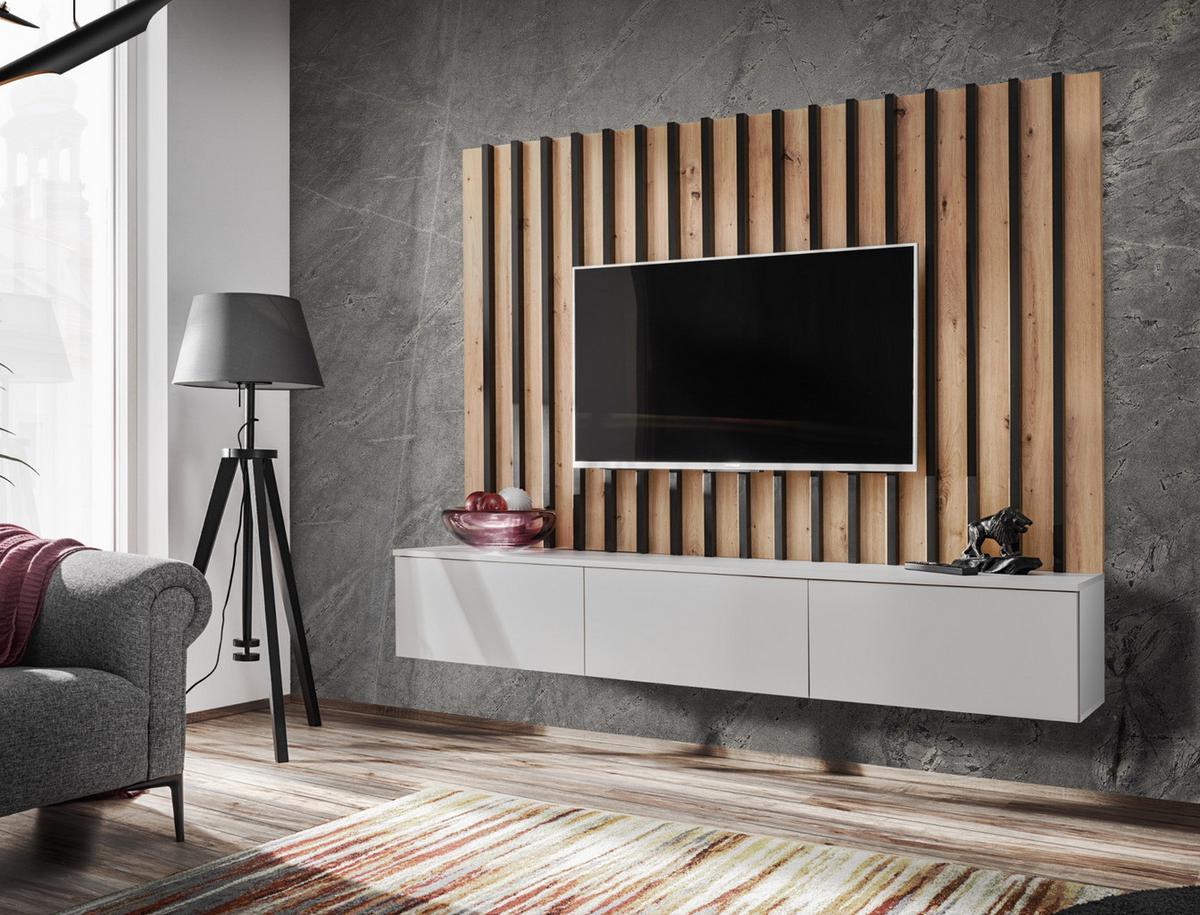 WOHNWAND grau, Artisan Eiche 180 cm, Schrankwand mit Wandpaneel, Push-to-Open - Eiche Artisan/Grau, Holzwerkstoff (180/148/35cm) - Furn.Design
