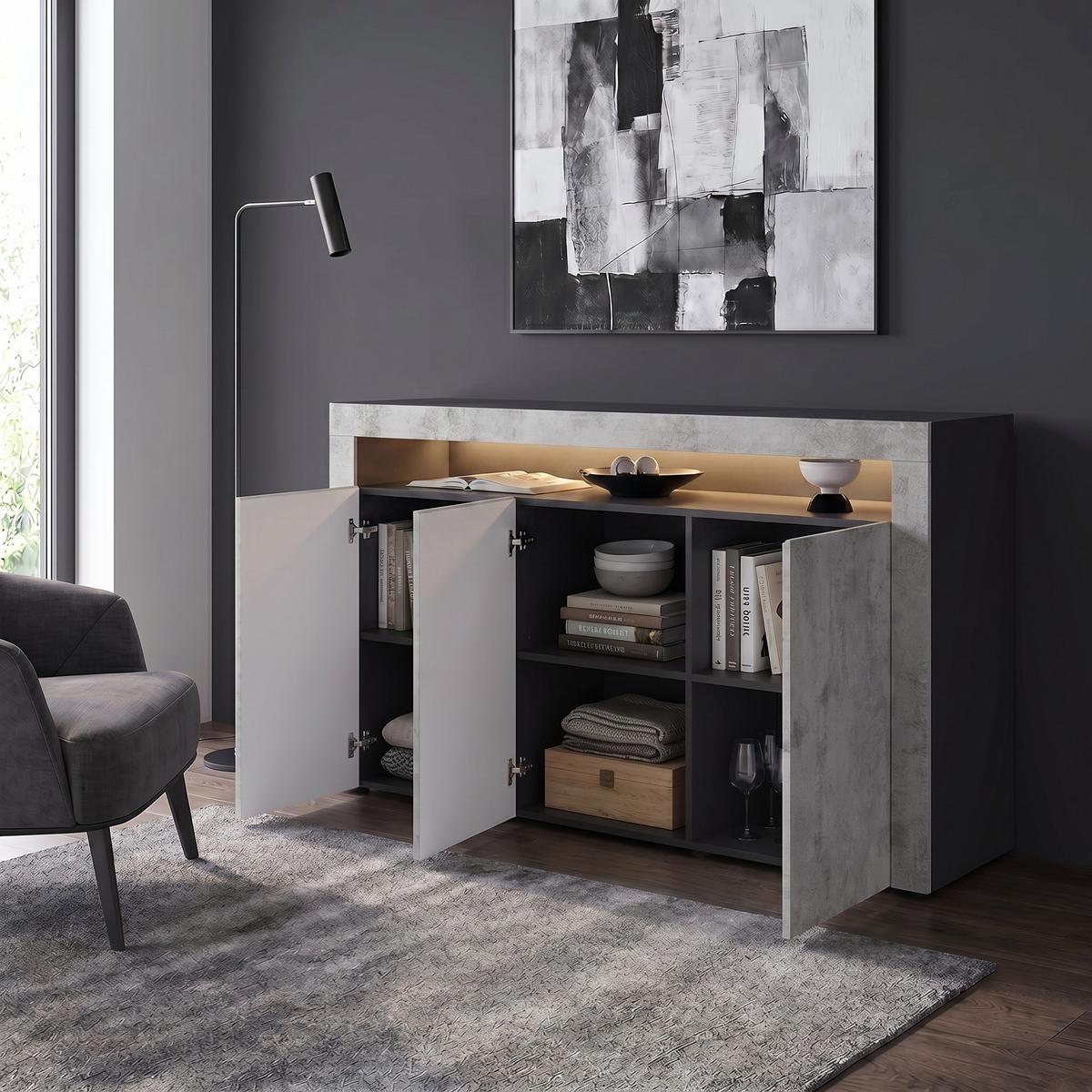 SIDEBOARD Valencia Beton Oxid Optik/ Beton Oxid Optik - Hellgrau, Holzwerkstoff (155/92/40cm) - Vladon
