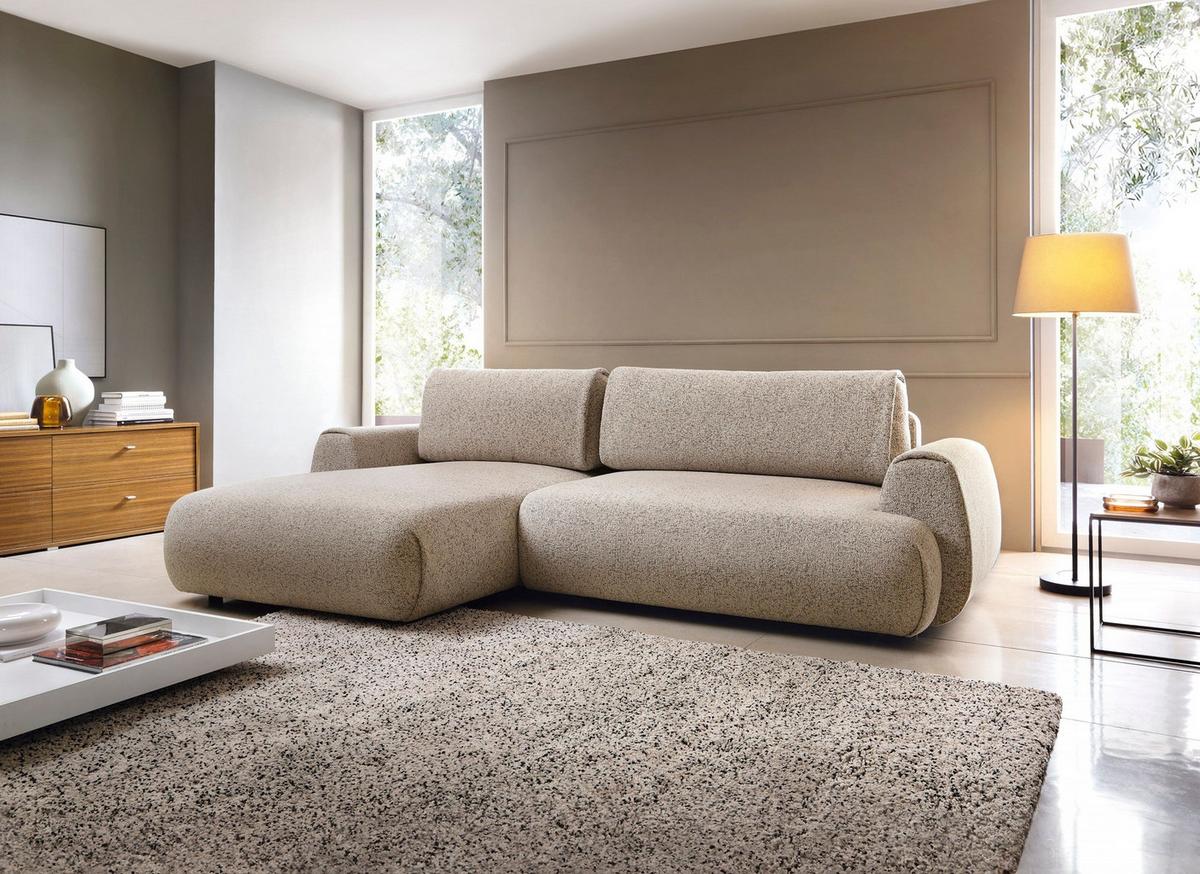 ECKSOFA ZEST Beige Geflochtener Stoff mit Schlaffunktion - Beige, Holz (270/167cm) - MASSENO