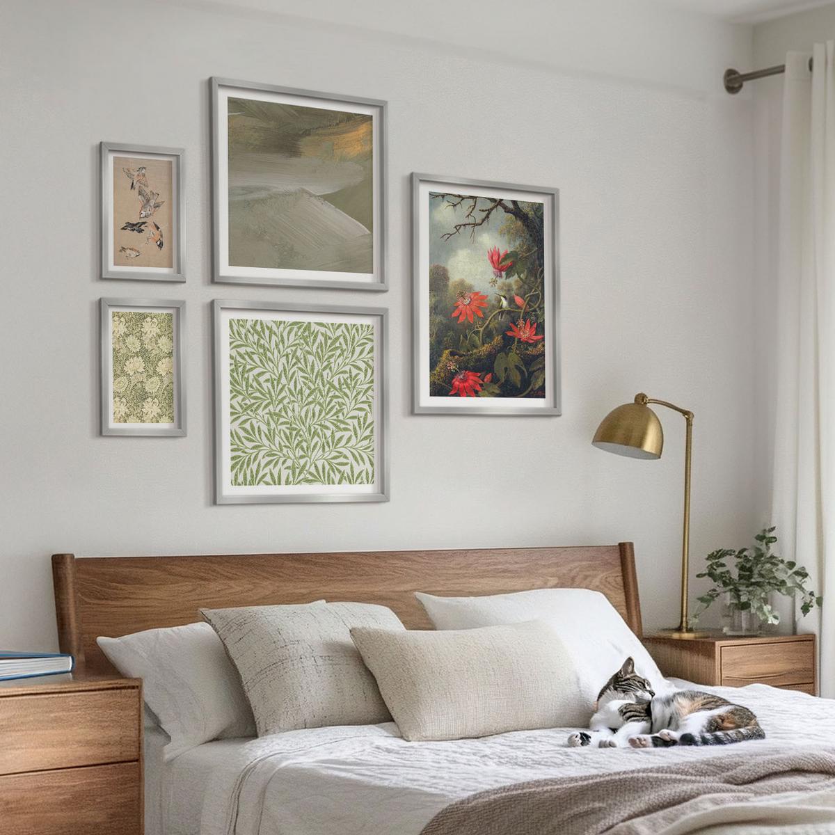 BILDER SET 5er Set - 50x50 cm & 20x30 cm & 40x60 cm Silberner Rahmen - Blumen und Vögel in natürlicher Umgebung - Silberfarben, Kunststoff (40/60cm) - TULUP