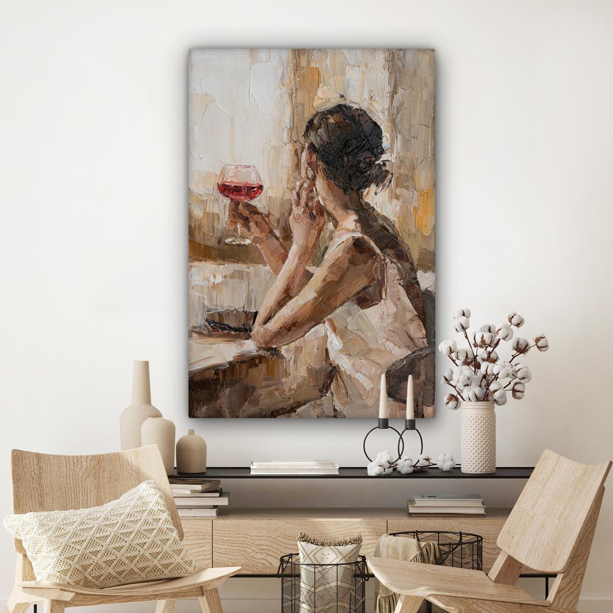 LEINWANDBILD Ölgemälde - Frau - Wein Deko XXL 80x120 cm - Hellbraun, Textil (80/120cm) - MuchoWow