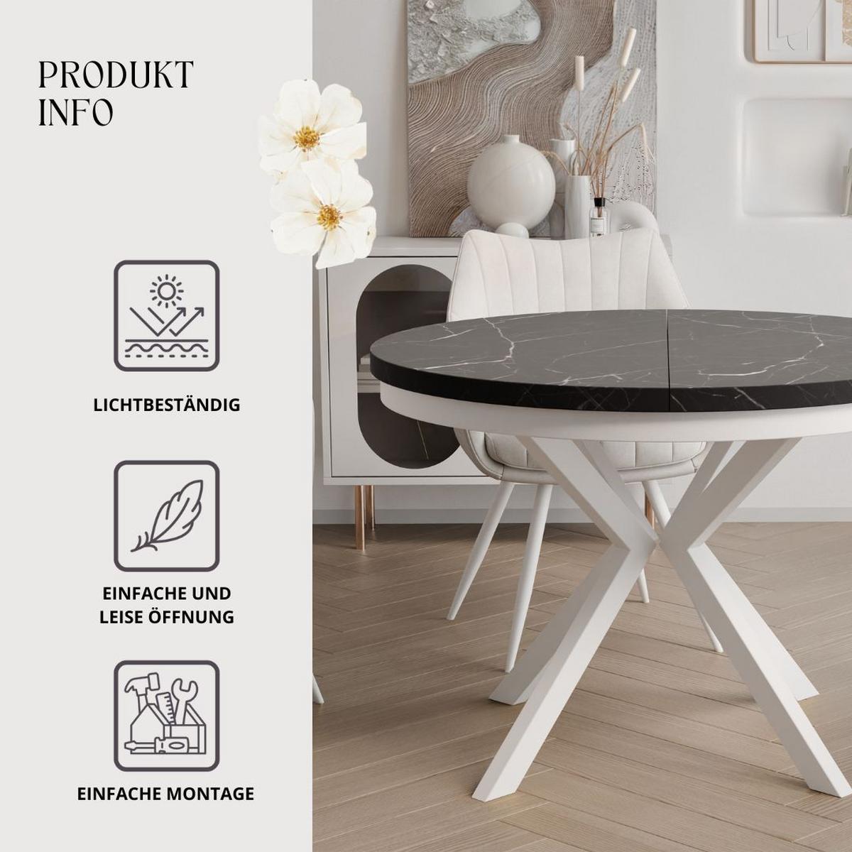 AUSZIEHTISCH MILTON 90-166/76 cm mit Metallgestell und Zarge, Weiß / Grigia Pietra - Weiß/Grau, Holzwerkstoff/Metall (90/90/76cm) - Idohome