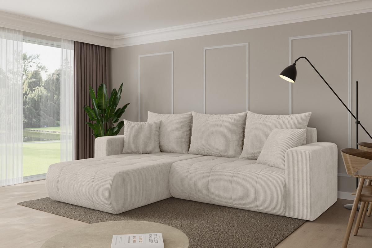ECKSOFA mit Schlaffunktion Ottomane Links MILA-L 277x194x86 Creme Cord - Ecru/Creme, Holzwerkstoff/Kunststoff (277/194cm) - ALTDECOR