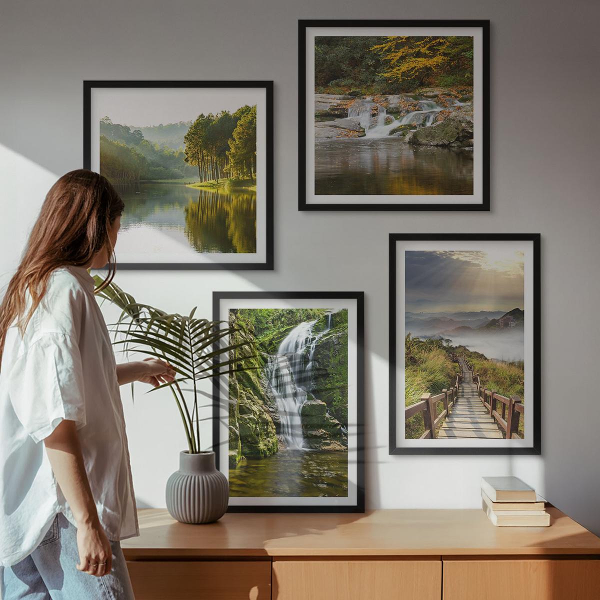 BILDER SET 4er Set - 50x50 cm & 40x60 cm Schwarzer Rahmen - Wasserfälle, Berge, Wolken, Herbst - Schwarz, Kunststoff (50/50cm) - TULUP