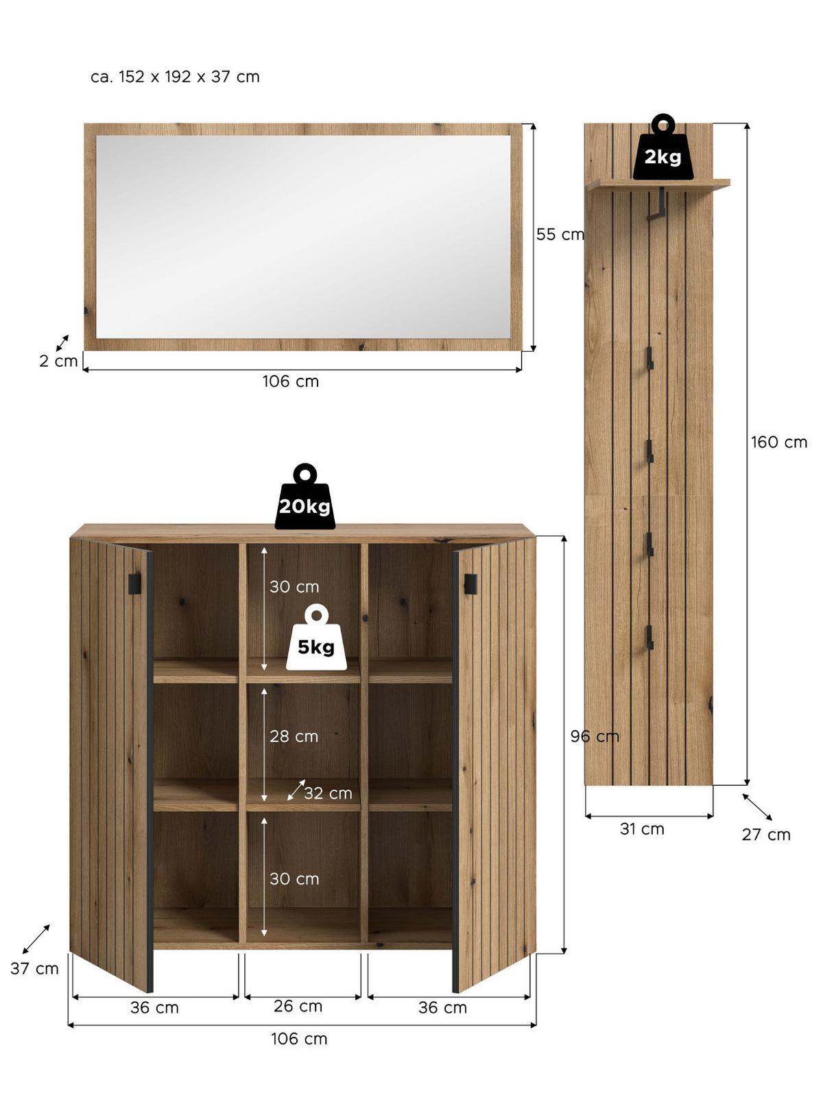 GARDEROBEN-SET Evoke Eiche 3-teilig 152 cm, Flurmöbel mit eingefräster Rillenoptik - Schwarz/Eiche Artisan, Glas/Holzwerkstoff (152/192/37cm) - Inn.Furn