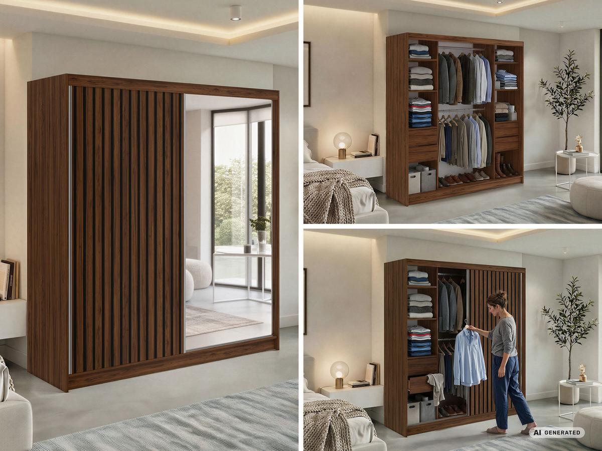 SCHWEBETÜRENSCHRANK mit Spiegel und Schubladen LAOS - 200 - Warmia Walnuss - Schwarz Lamellen - Walnussfarben/Schwarz, Holzwerkstoff/Metall (200/216/61cm) - MKS