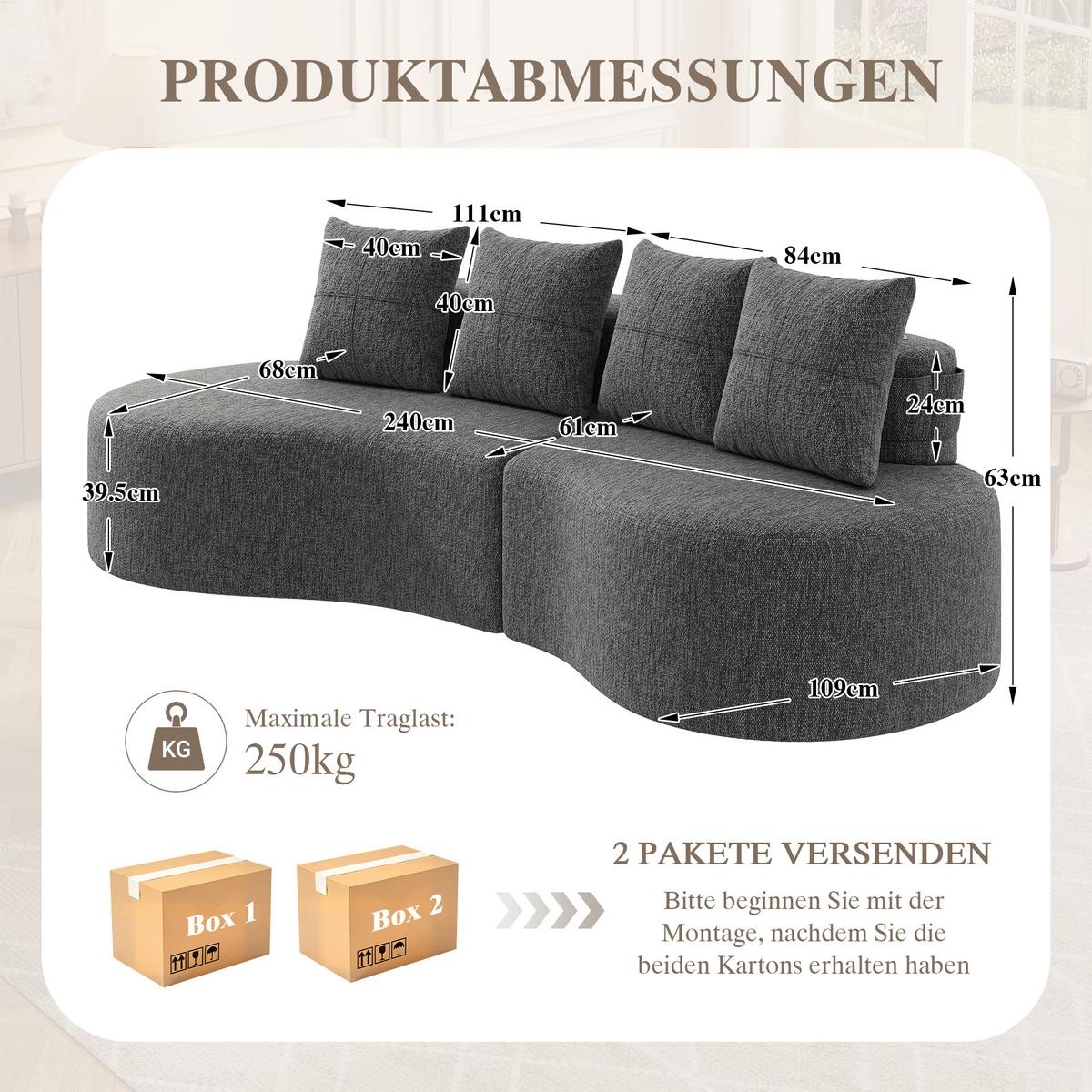 3-SITZER SOFA leinenstoff farbwahl mit getränkehalter & seitentaschen - Dunkelgrau, Textil (240/63/109cm) - Urban Meuble