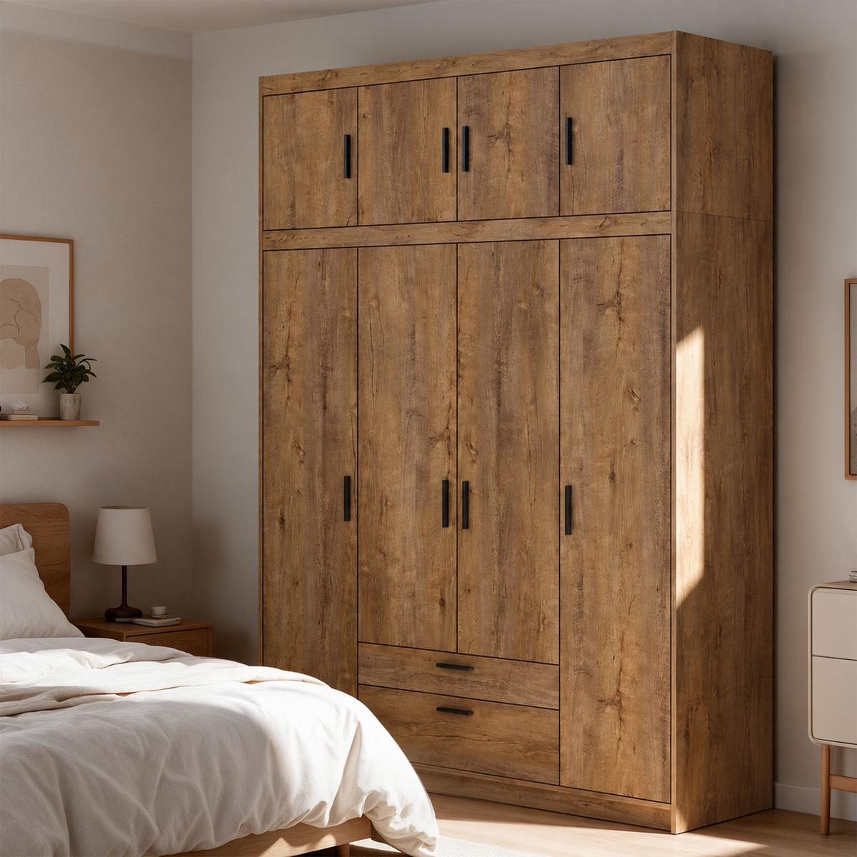 DREHTÜRENSCHRANK Elena mit 4 Türen und 2 Schubladen, mit Aufsatz Eiche Lefkas - Eichefarben, Holzwerkstoff (176/245/53cm) - Beautysofa