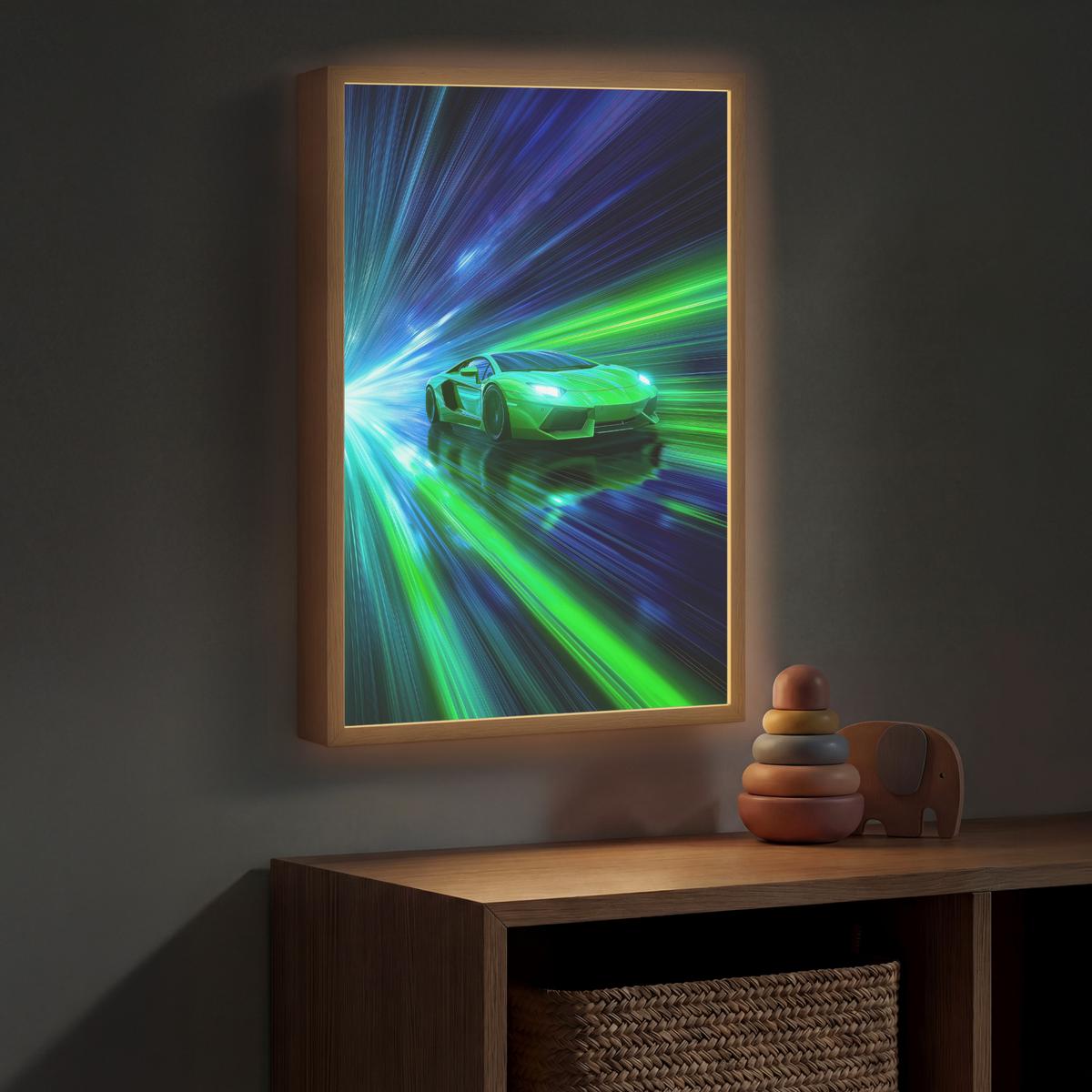 WANDLEUCHTE MIT AKKU Geschwindigkeit - Leicht - Sportwagen - Grün 40x60 cm - Grün, Holzwerkstoff (40/60/8cm) - OnlyWow