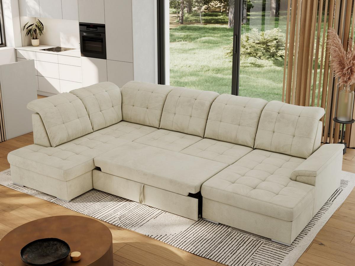 WOHNLANDSCHAFT MADRITO U - Beige Velorus - Links - Beige/Silberfarben, Textil/Metall (204/89/323cm) - MKS