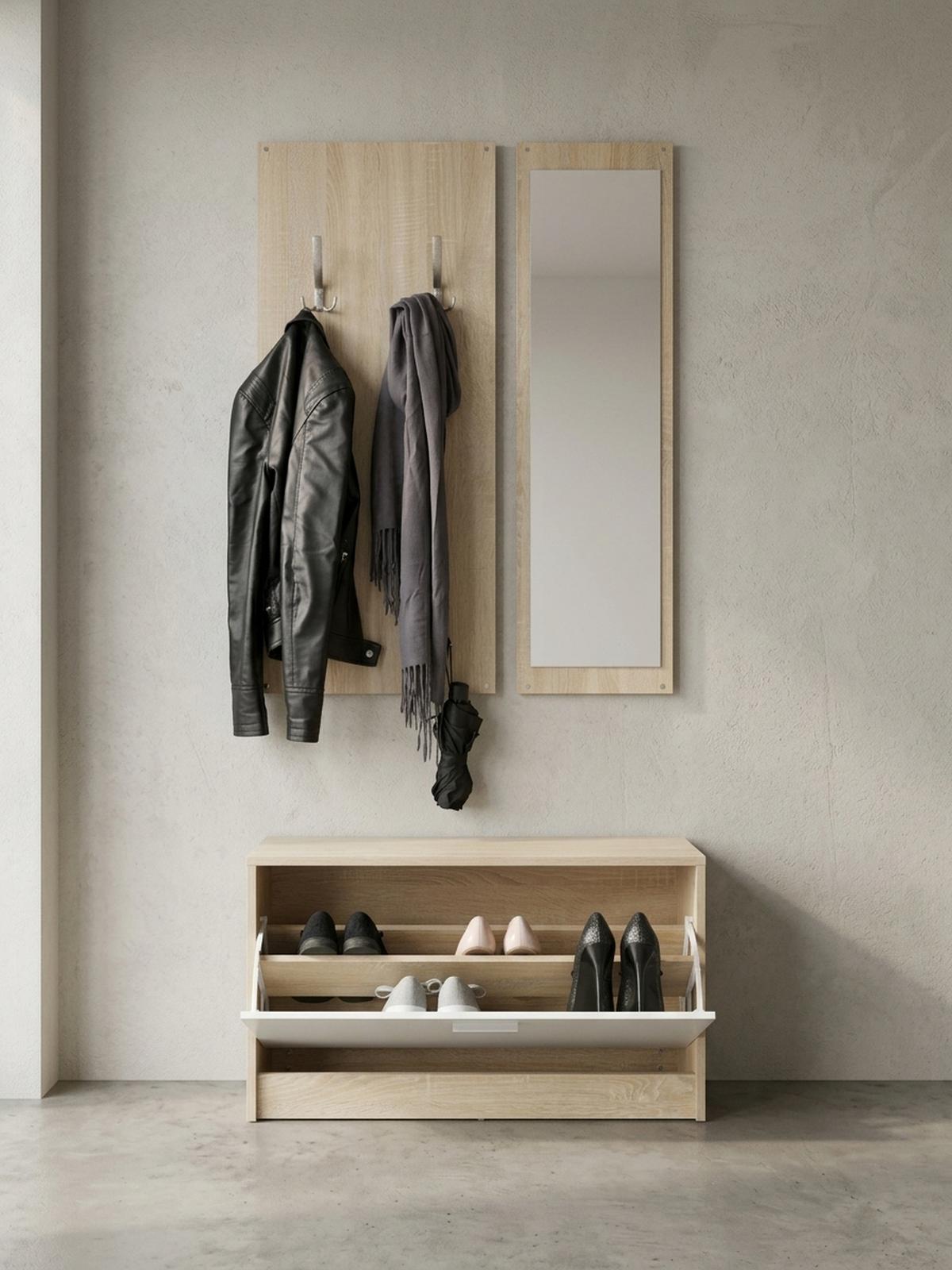 WANDGARDEROBE mit Spiegel, 10 Haken und Platz für 8 Paar Schuhe DELFT, Beige 80x27x180 cm - Beige, Holz (80/180/27cm) - KADIMA DESIGN
