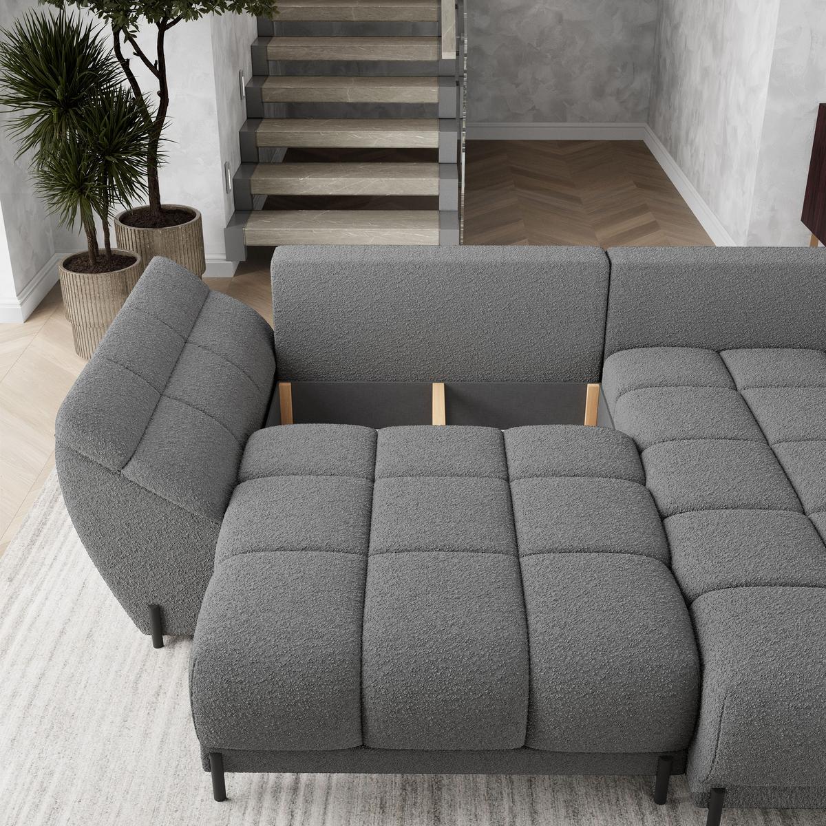 ECKSOFA VESTANO R-S Grau Boucle-Stoff mit Schlaffunktion - Grau, Holz (287/182cm) - MASSENO