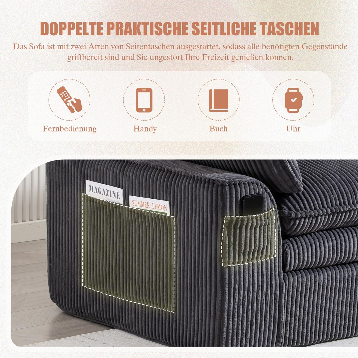 2-SITZER SOFA cordstoff mit seitentaschen & federkern - Dunkelgrau, Textil (191/85/94cm) - Urban Meuble