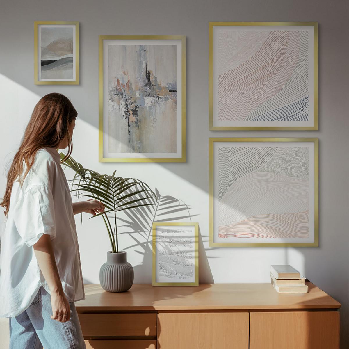 BILDER SET 5er Set - 50x50 cm & 20x30 cm & 40x60 cm Goldrahmen - Abstrakte Erdmuster - Goldfarben, Kunststoff (40/60cm) - TULUP